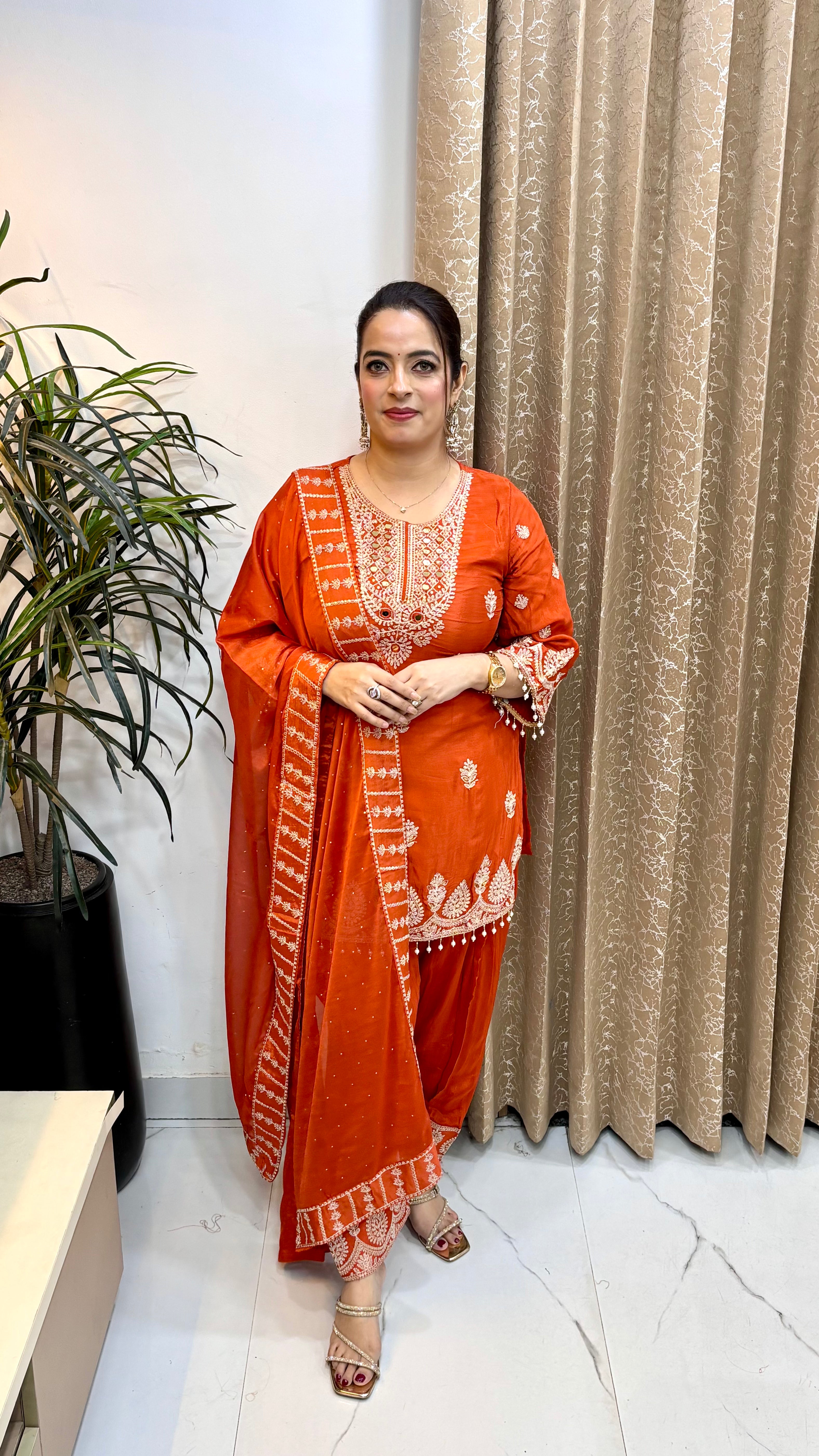 Pure Chinon Suit with Real Mirror Work, Farshi Salwar & Block Printed Dupatta