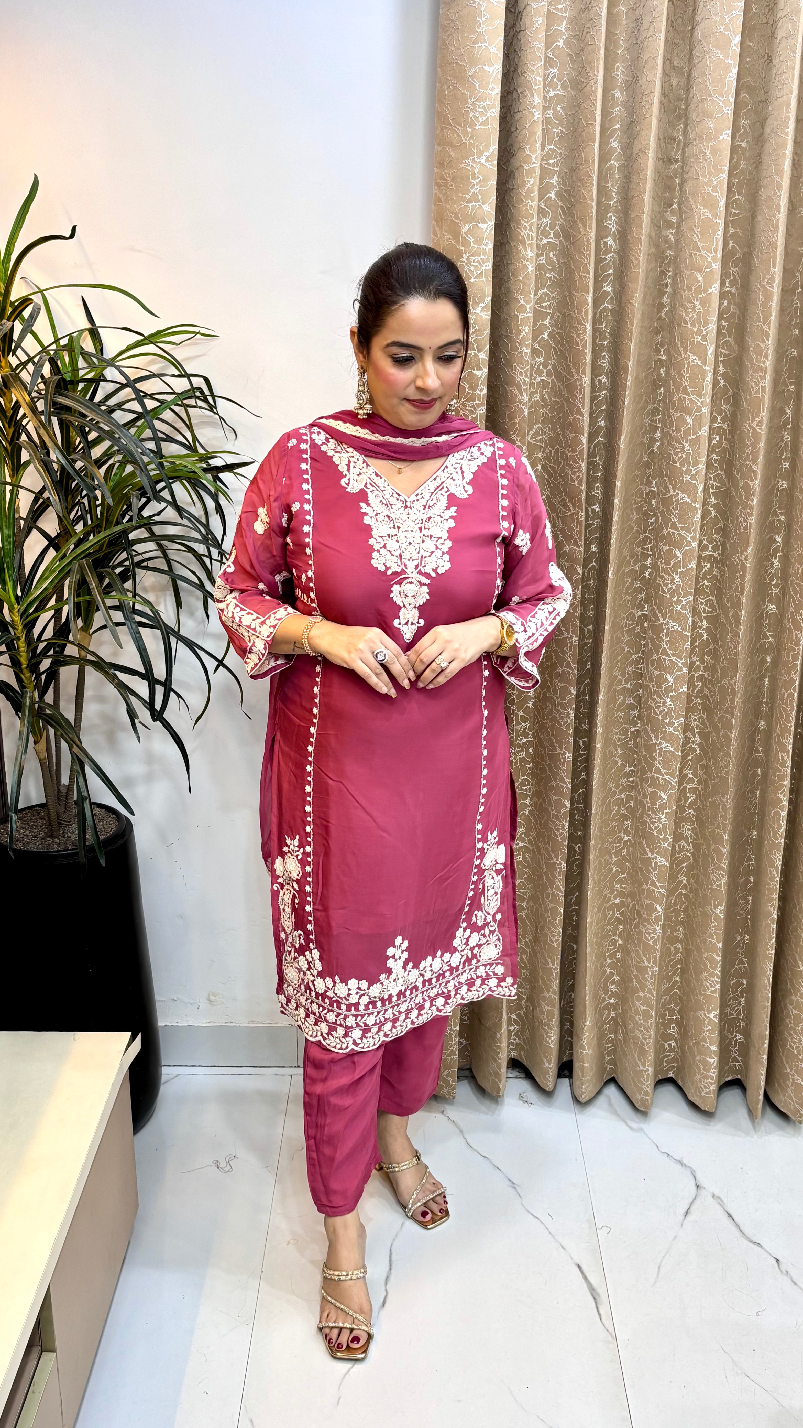 Pure Organza Suit with Crochet Lace Chiffon Dupatta & Shimmer Bottoms