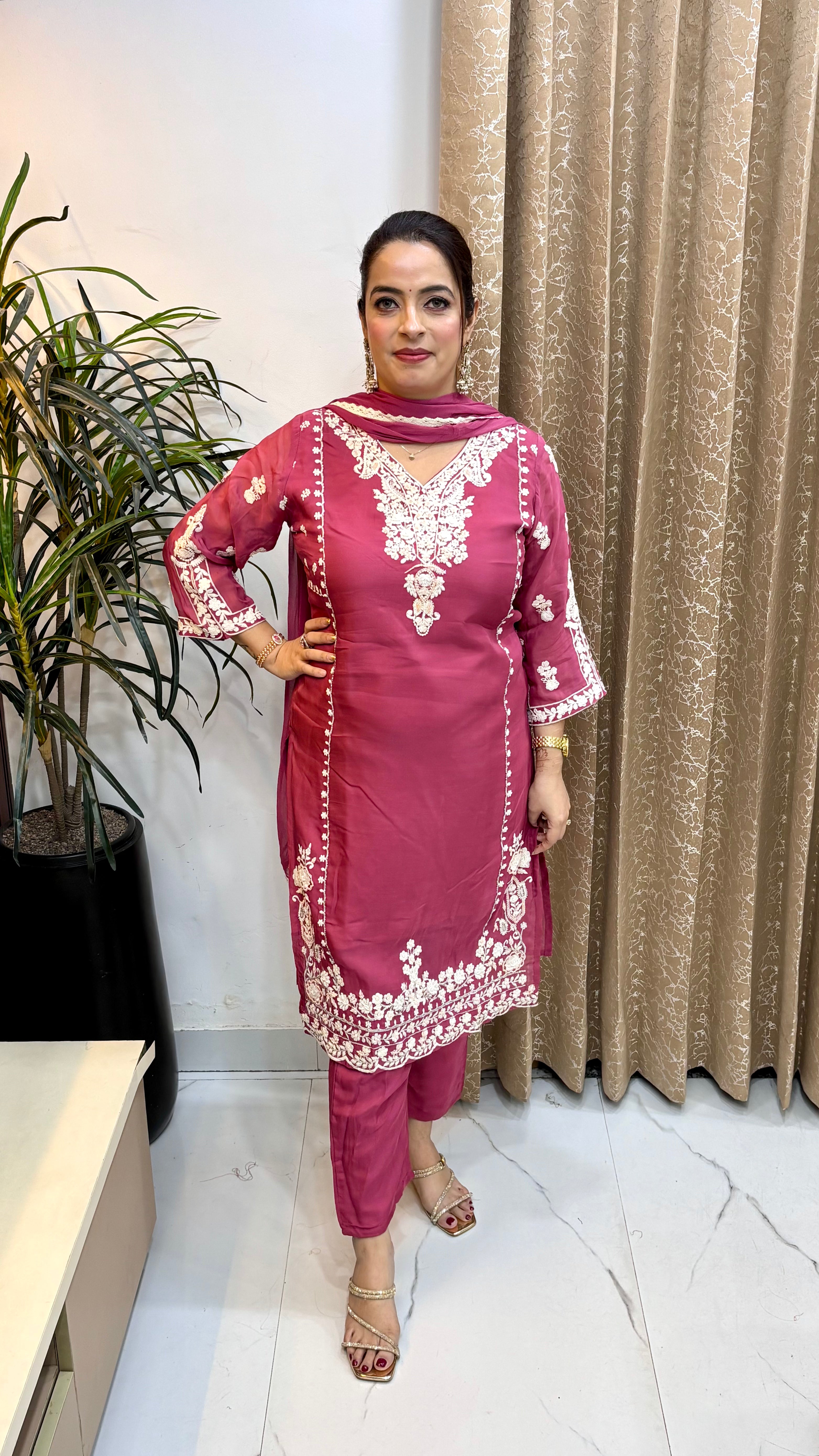 Pure Organza Suit with Crochet Lace Chiffon Dupatta & Shimmer Bottoms