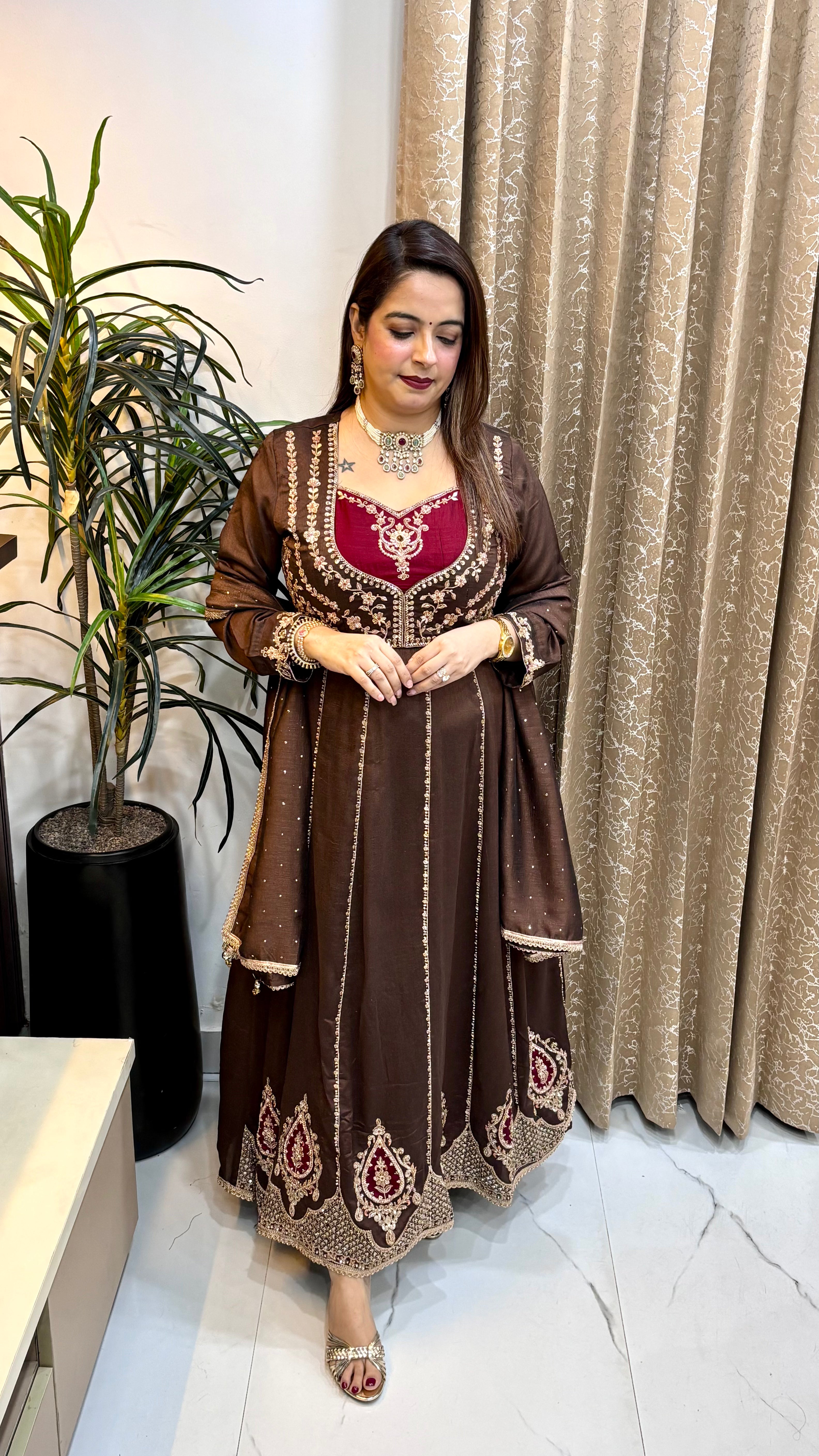 Pure Paper Silk Floor-Length 2-Piece Set with Zardozi Patchwork & Korean Stone Accent