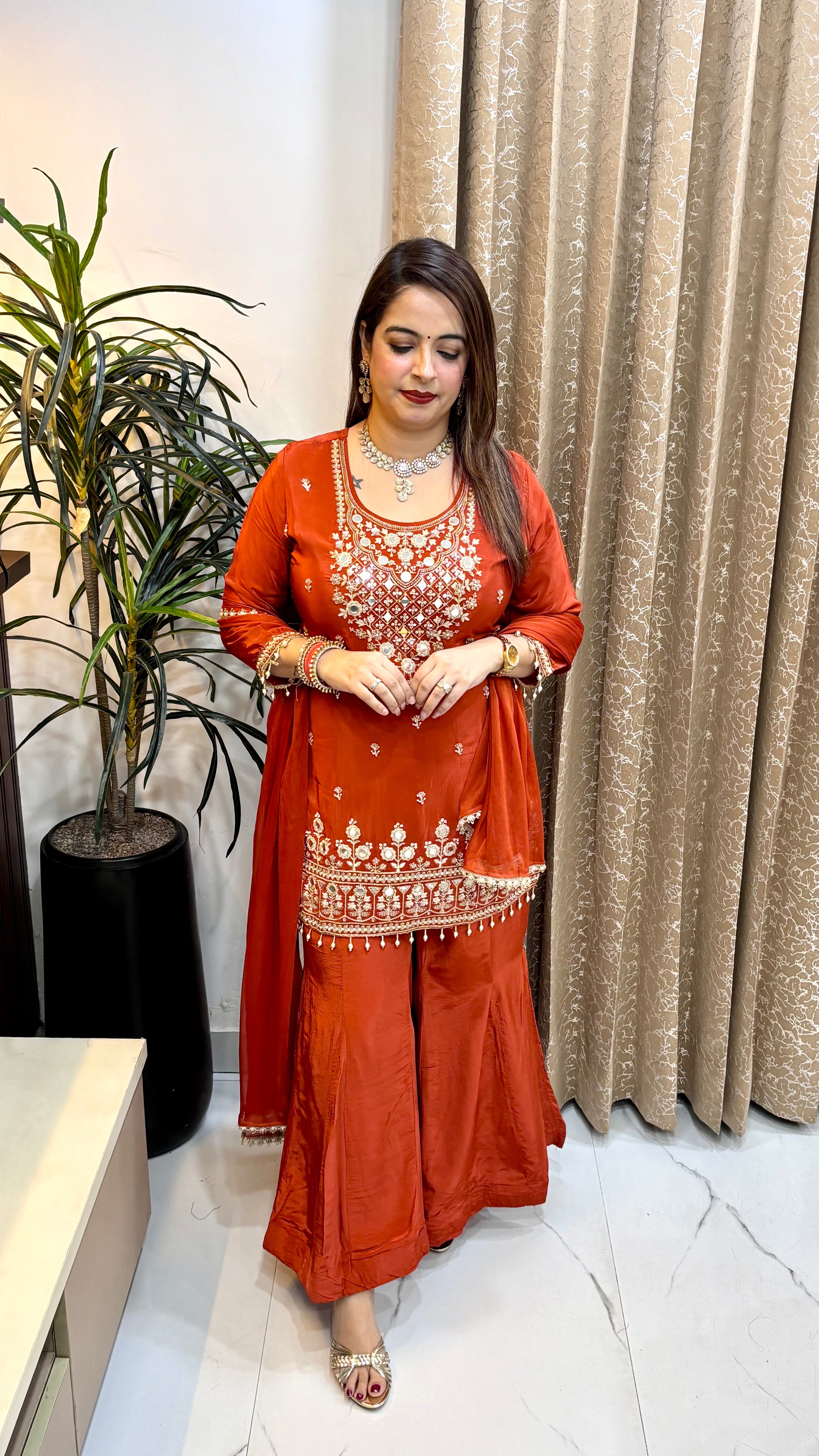 Pure Crepe Suit with Real Red Mirror Work, Cutdana & Embroidered Kaliya Divider