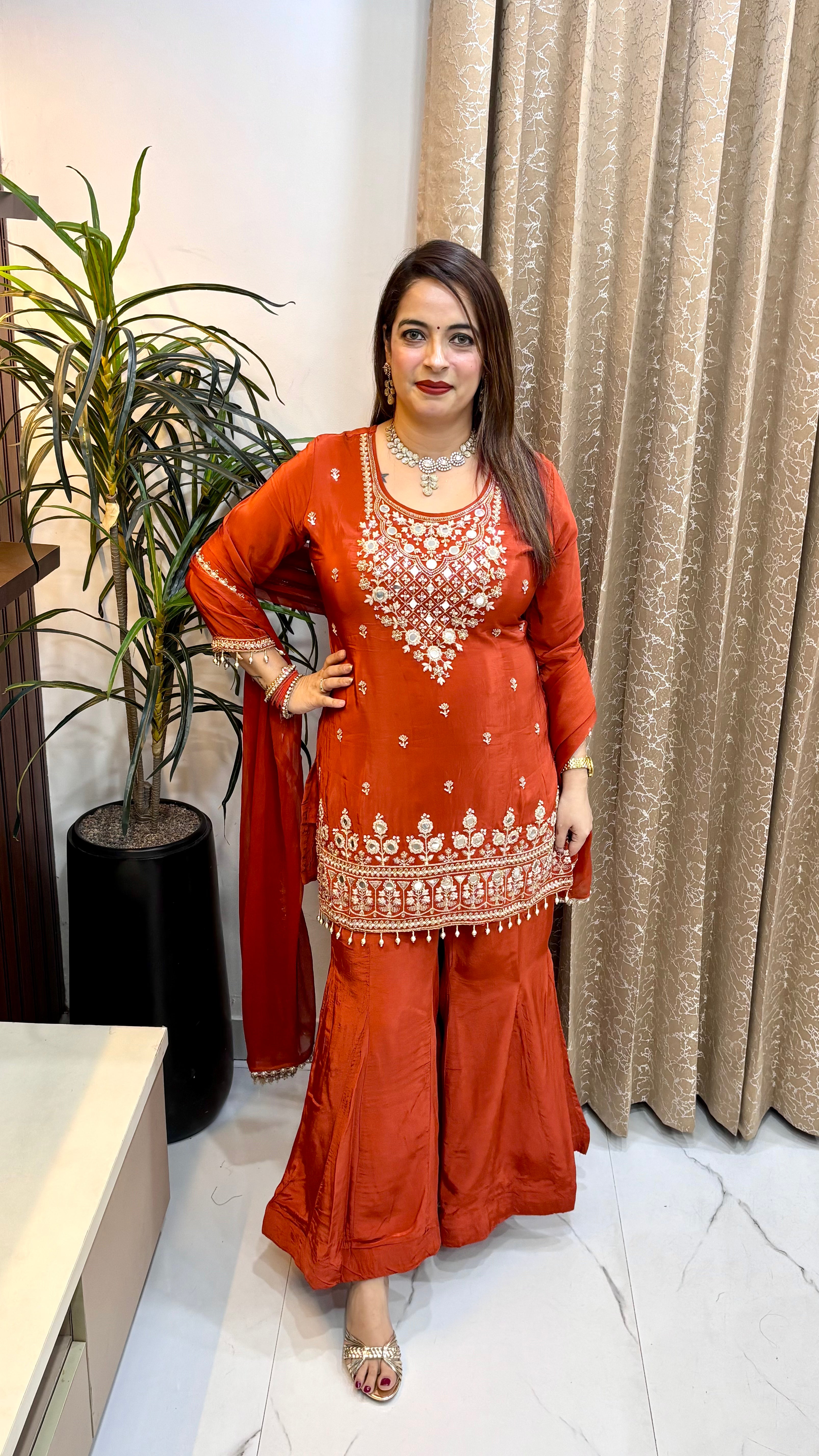 Pure Crepe Suit with Real Red Mirror Work, Cutdana & Embroidered Kaliya Divider