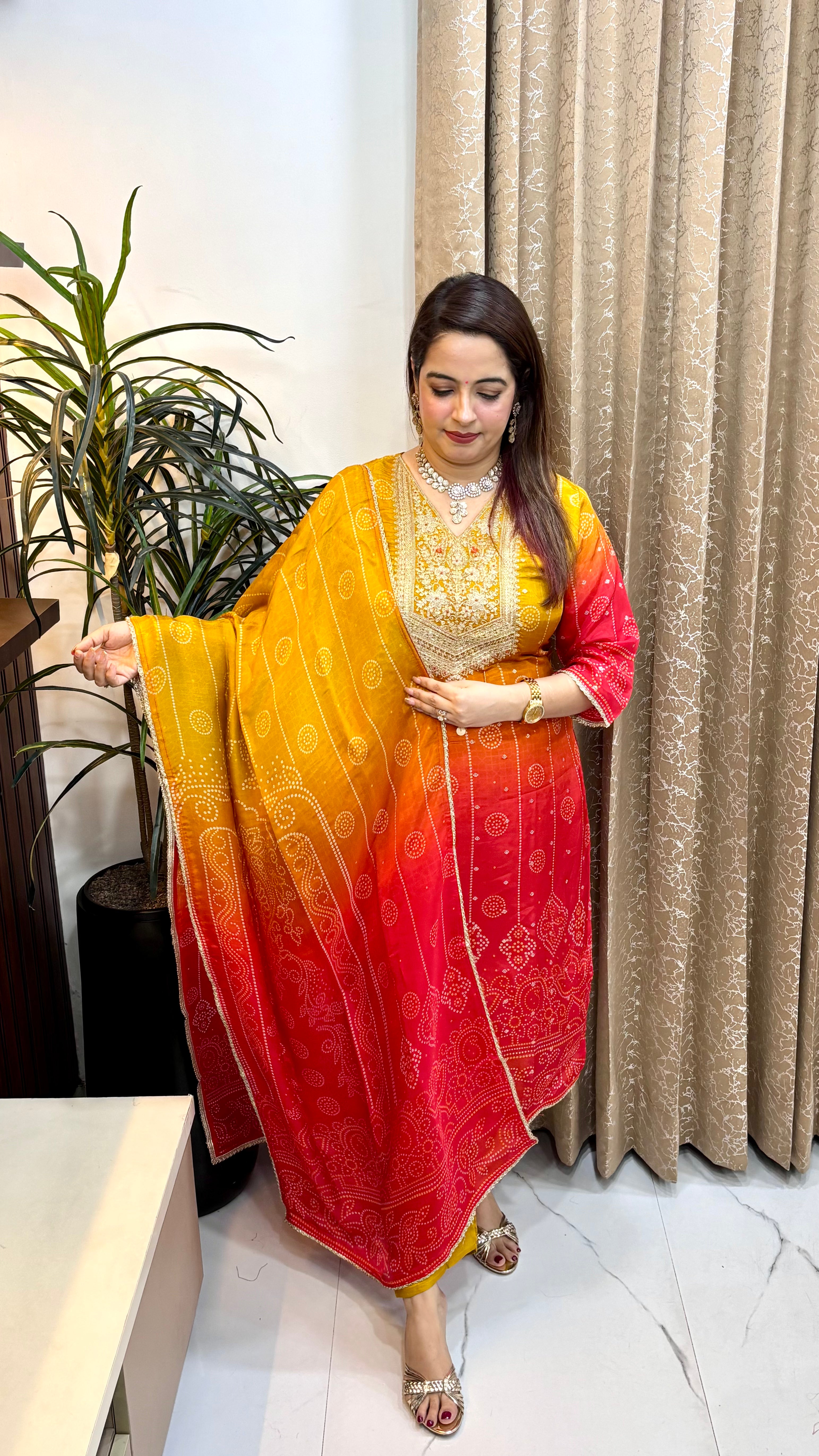 Russian Crepe Dual-Shade Bandhani Suit with Golden Zardozi Work