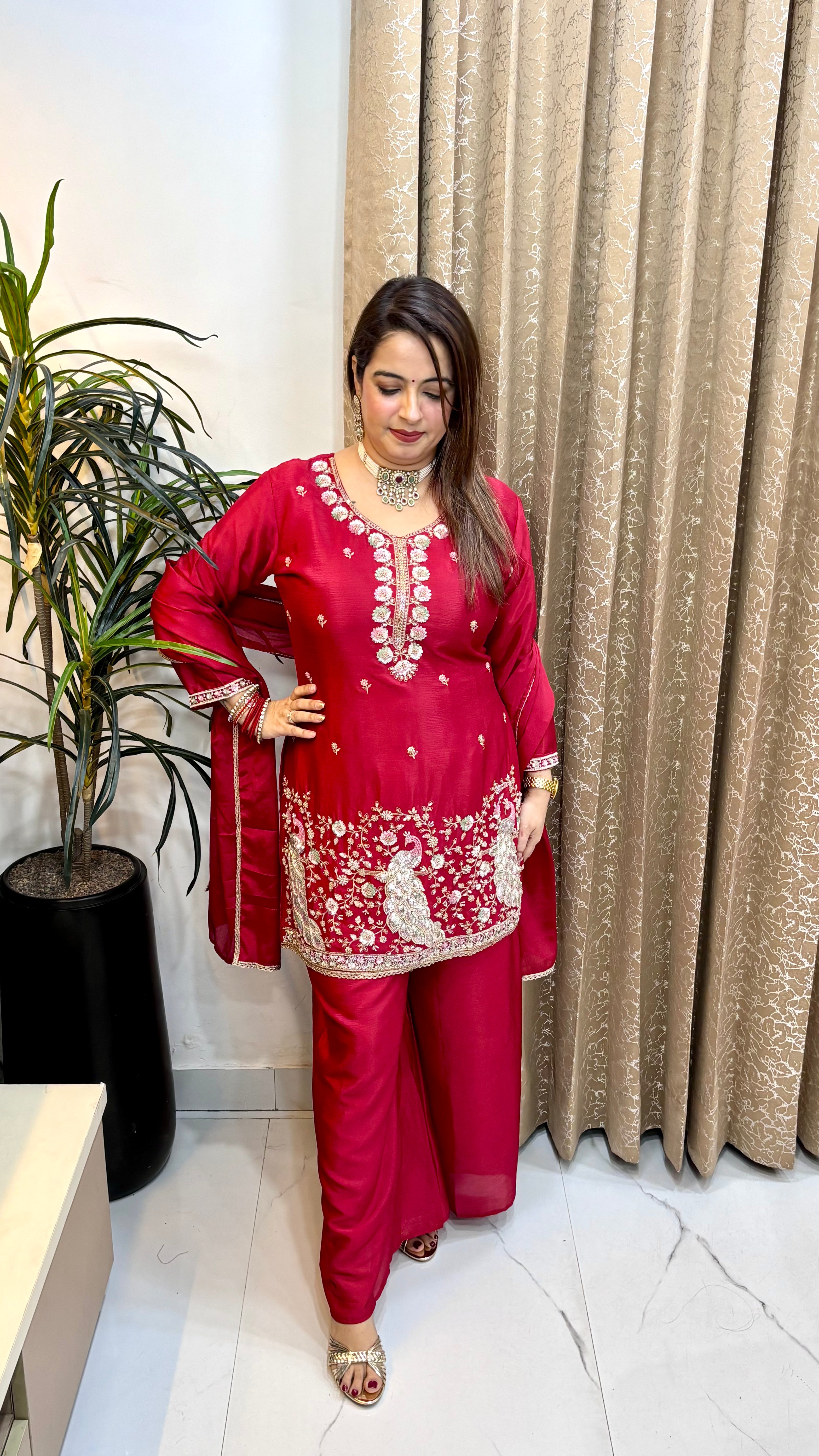 Pure Chinon Embroidered Suit with Multicolour Cutdana Work & Gotta Detailing