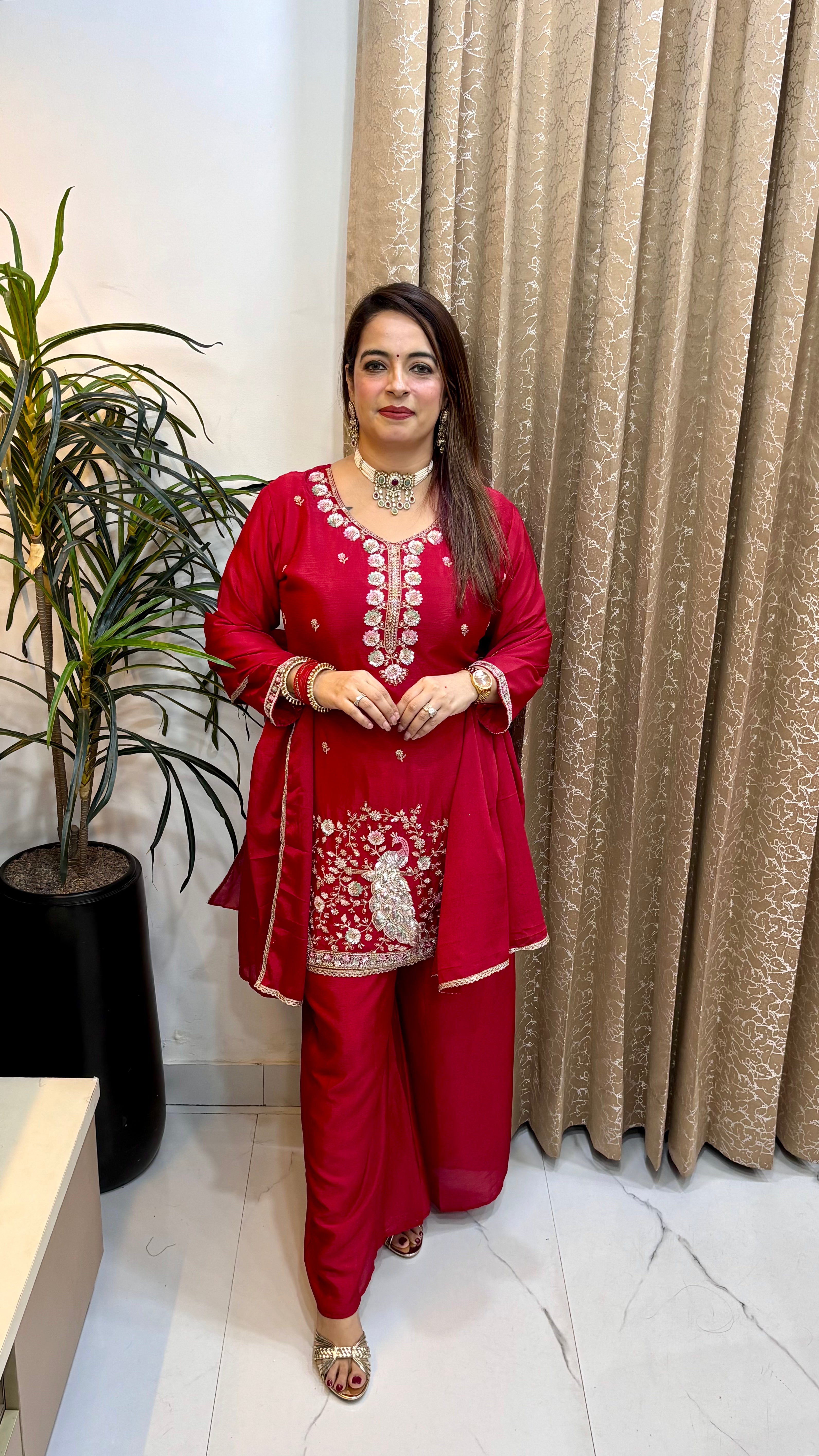 Pure Chinon Embroidered Suit with Multicolour Cutdana Work & Gotta Detailing