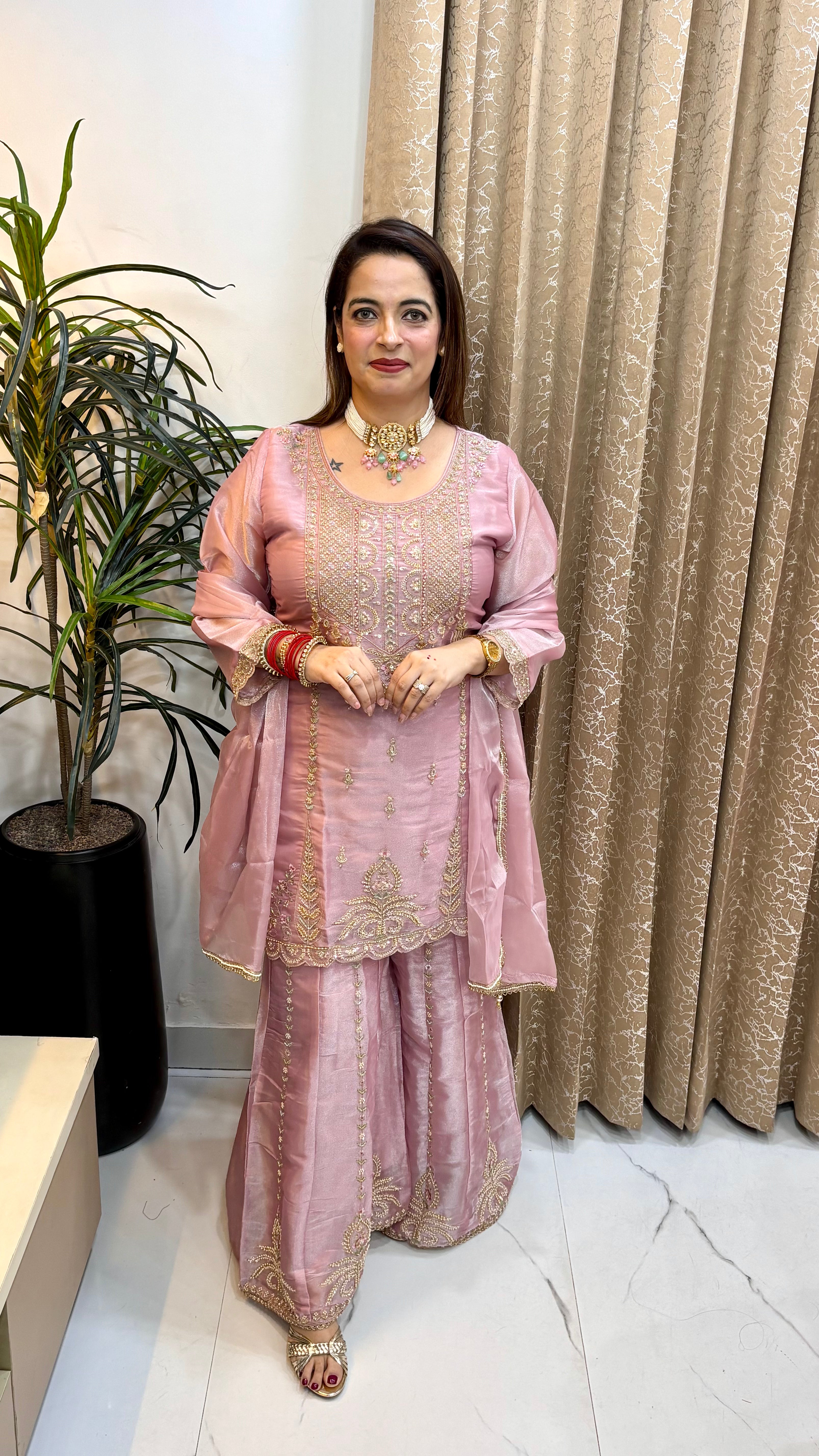 Organza Shimmer Suit with Embroidered Kaliya Divider & Gotta Detailing