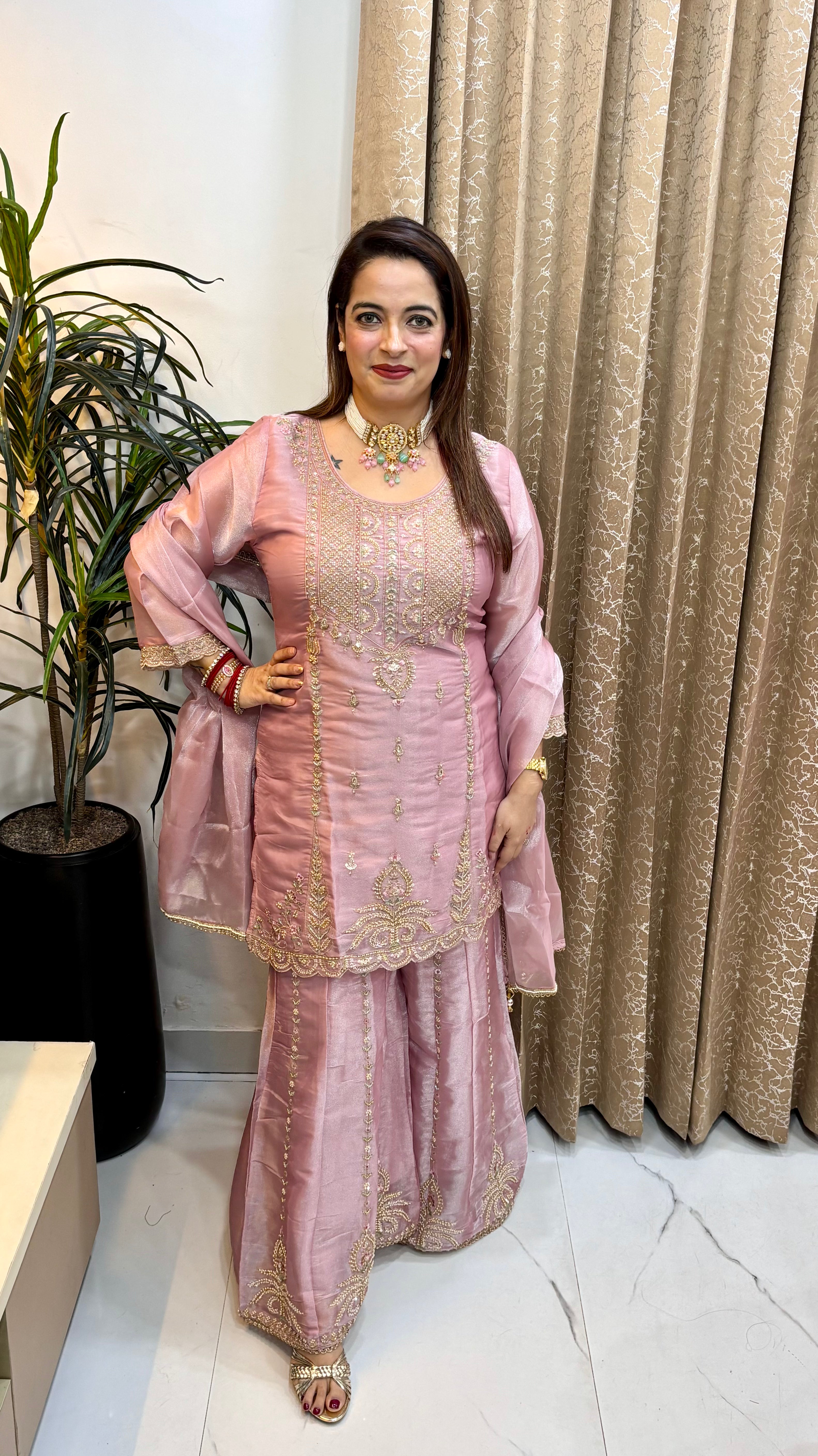 Organza Shimmer Suit with Embroidered Kaliya Divider & Gotta Detailing