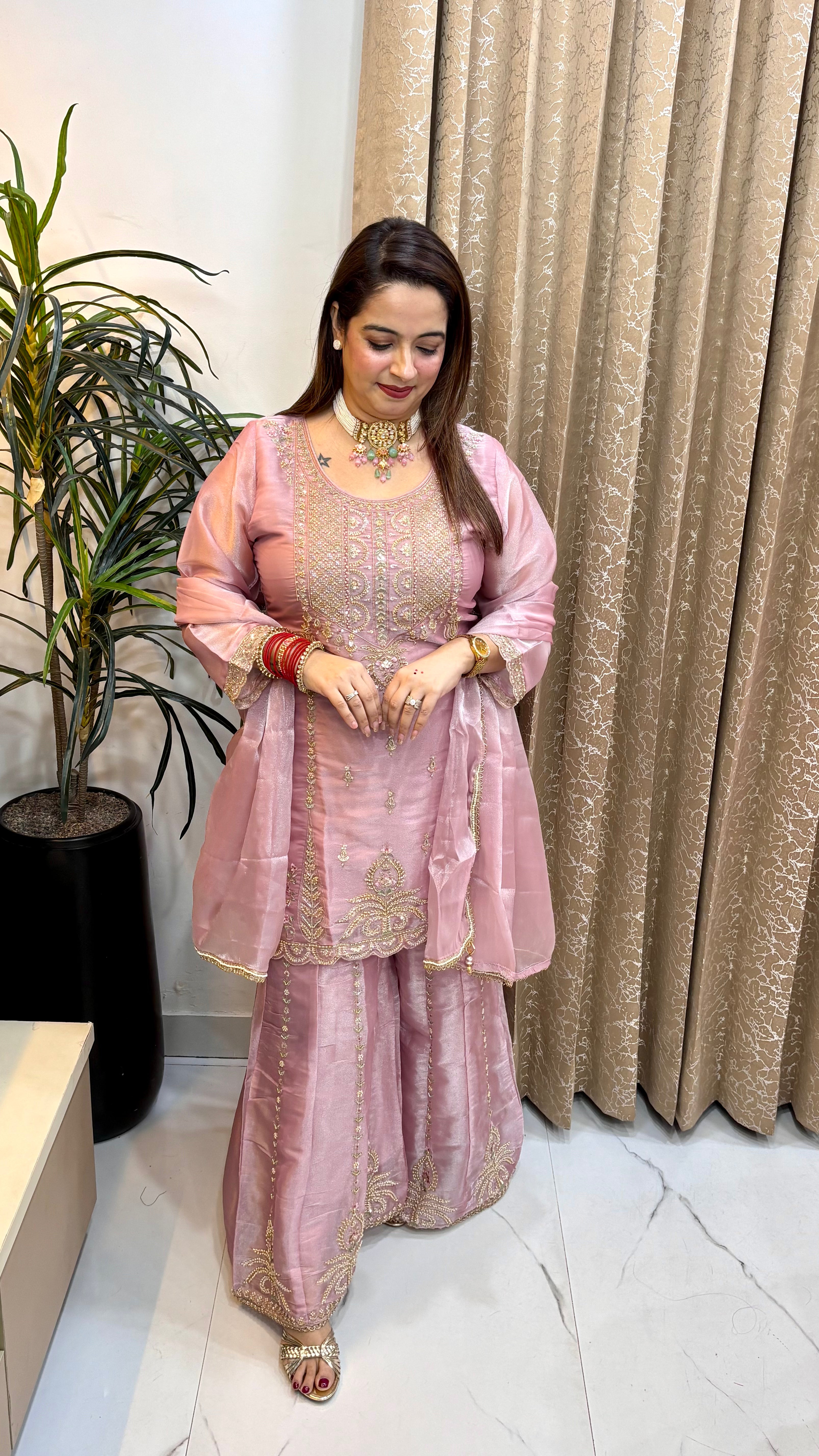 Organza Shimmer Suit with Embroidered Kaliya Divider & Gotta Detailing