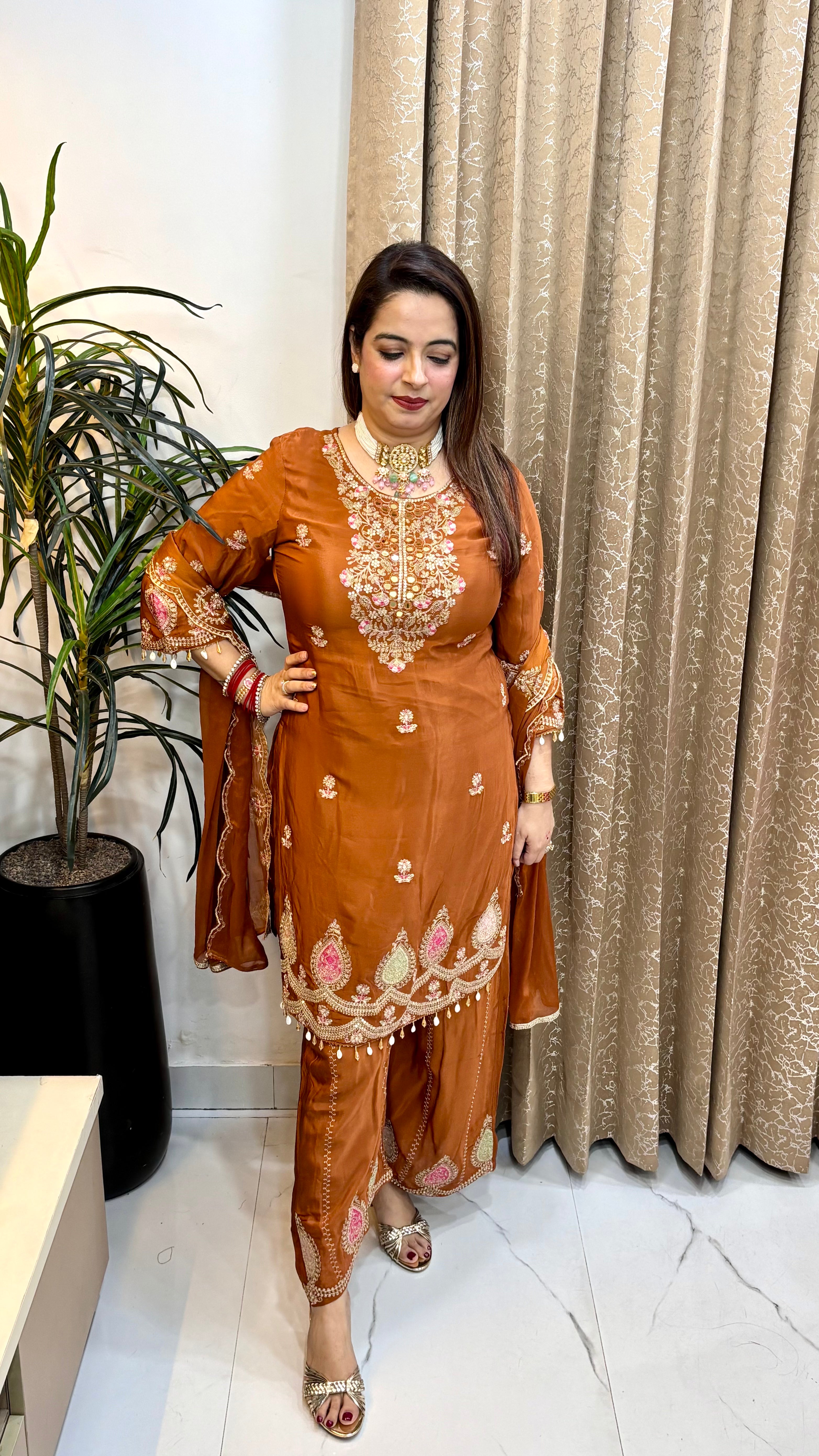 Pure Chinon Suit with Real Mirror Work, Cutwork Embroidered Dupatta & Embroidered Divider