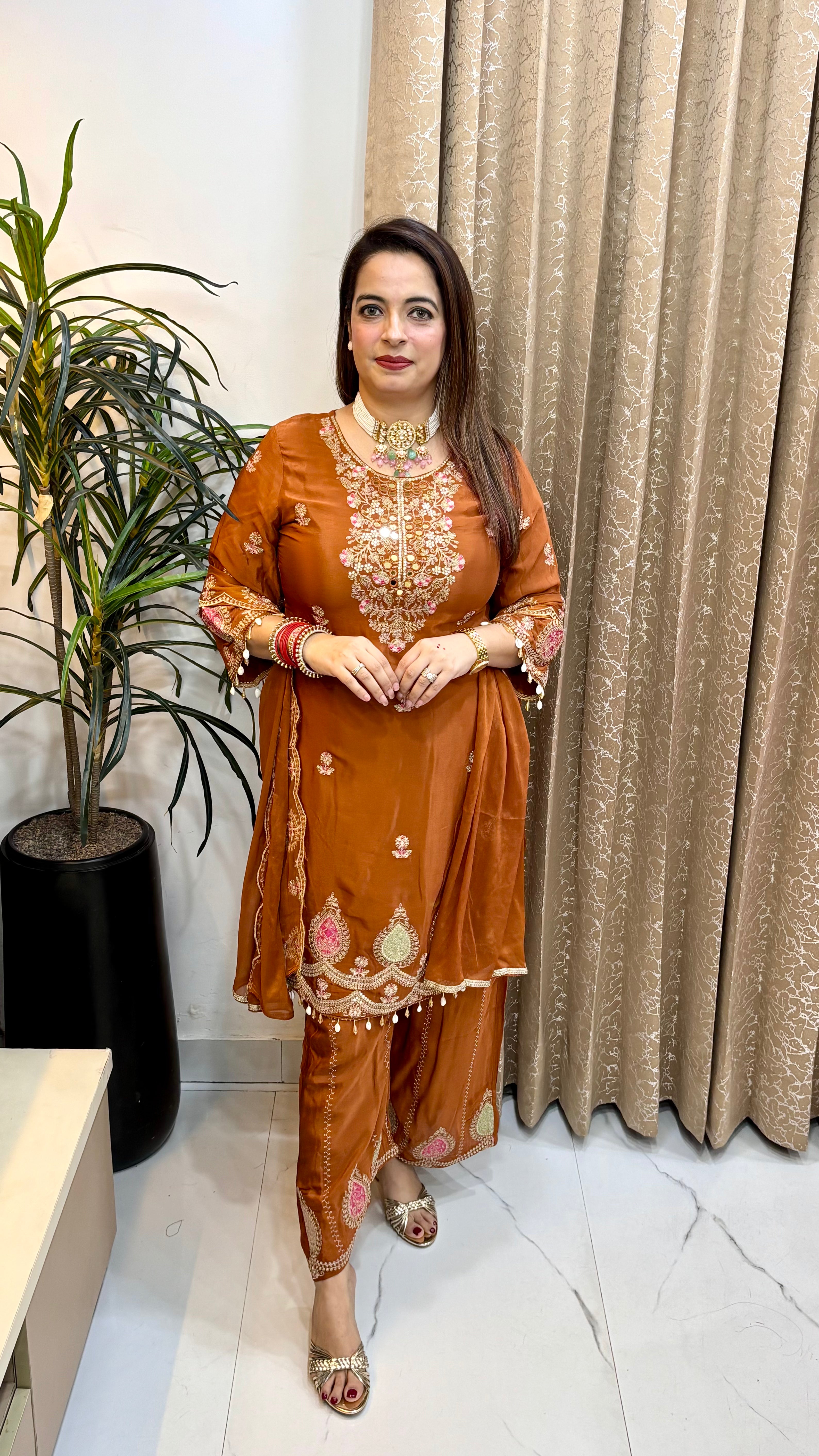 Pure Chinon Suit with Real Mirror Work, Cutwork Embroidered Dupatta & Embroidered Divider