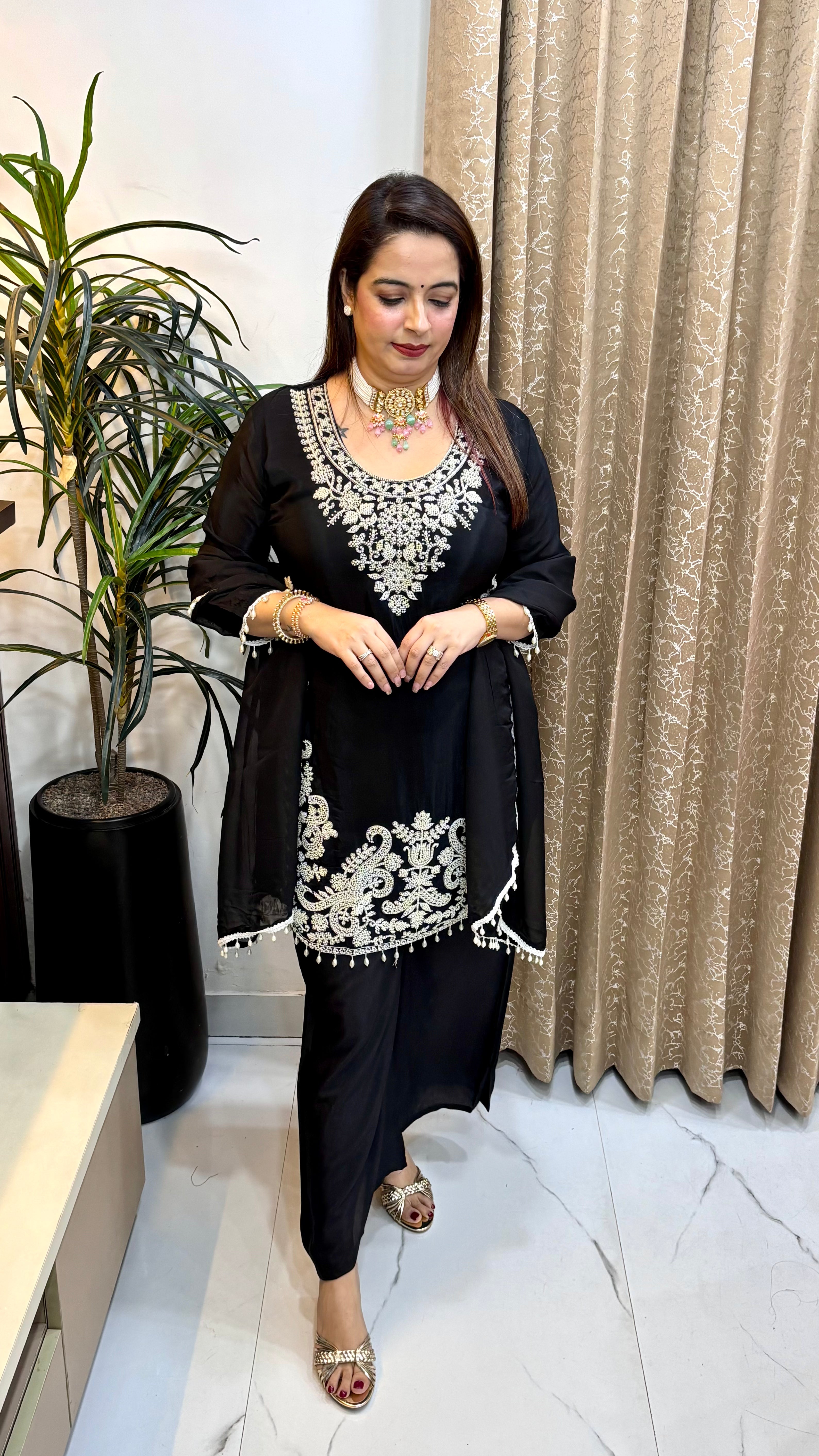 Pure Natural Crepe Suit with Pearl Embroidery, Curved Hemline & Organza Dupatta