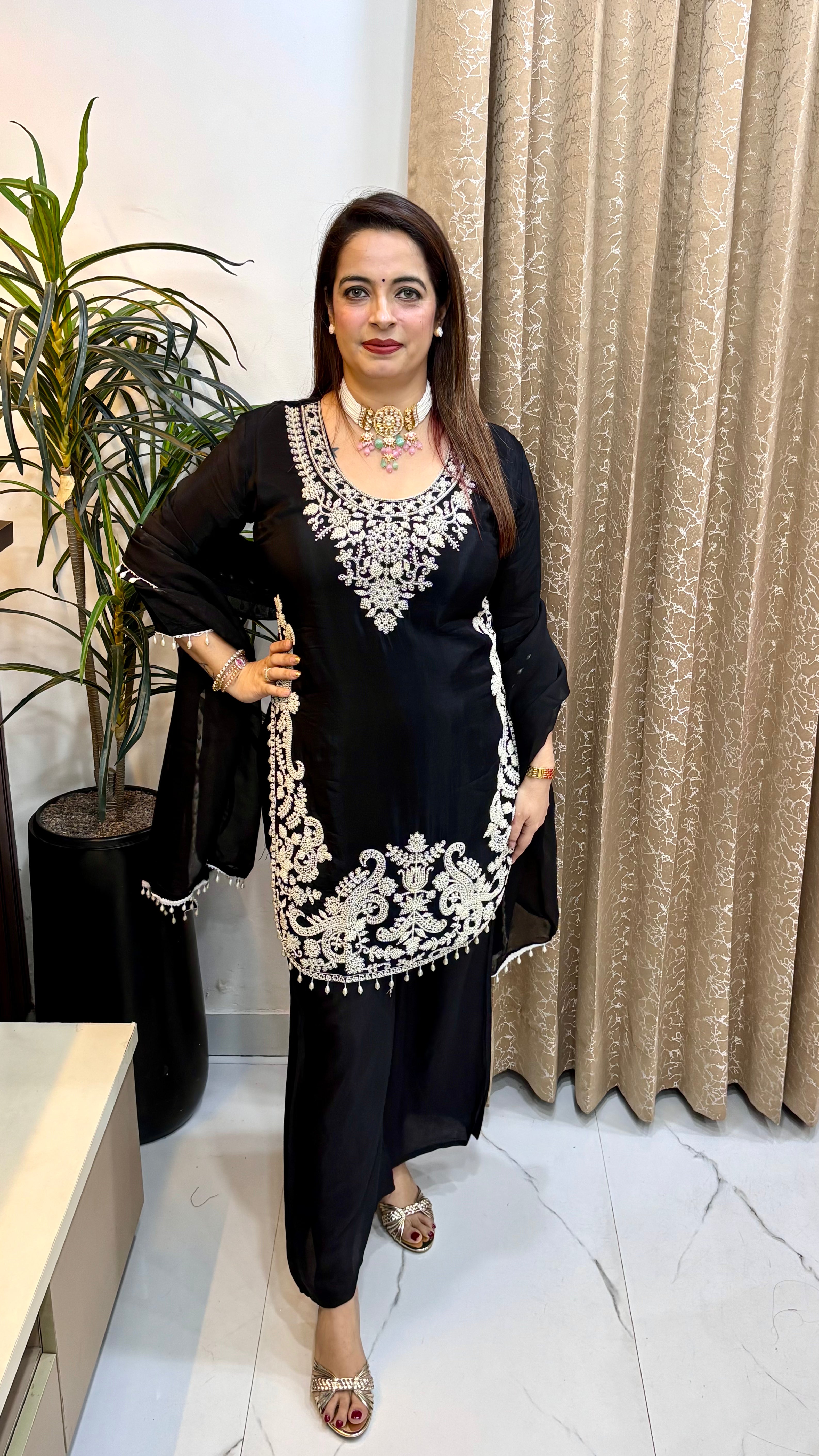 Pure Natural Crepe Suit with Pearl Embroidery, Curved Hemline & Organza Dupatta