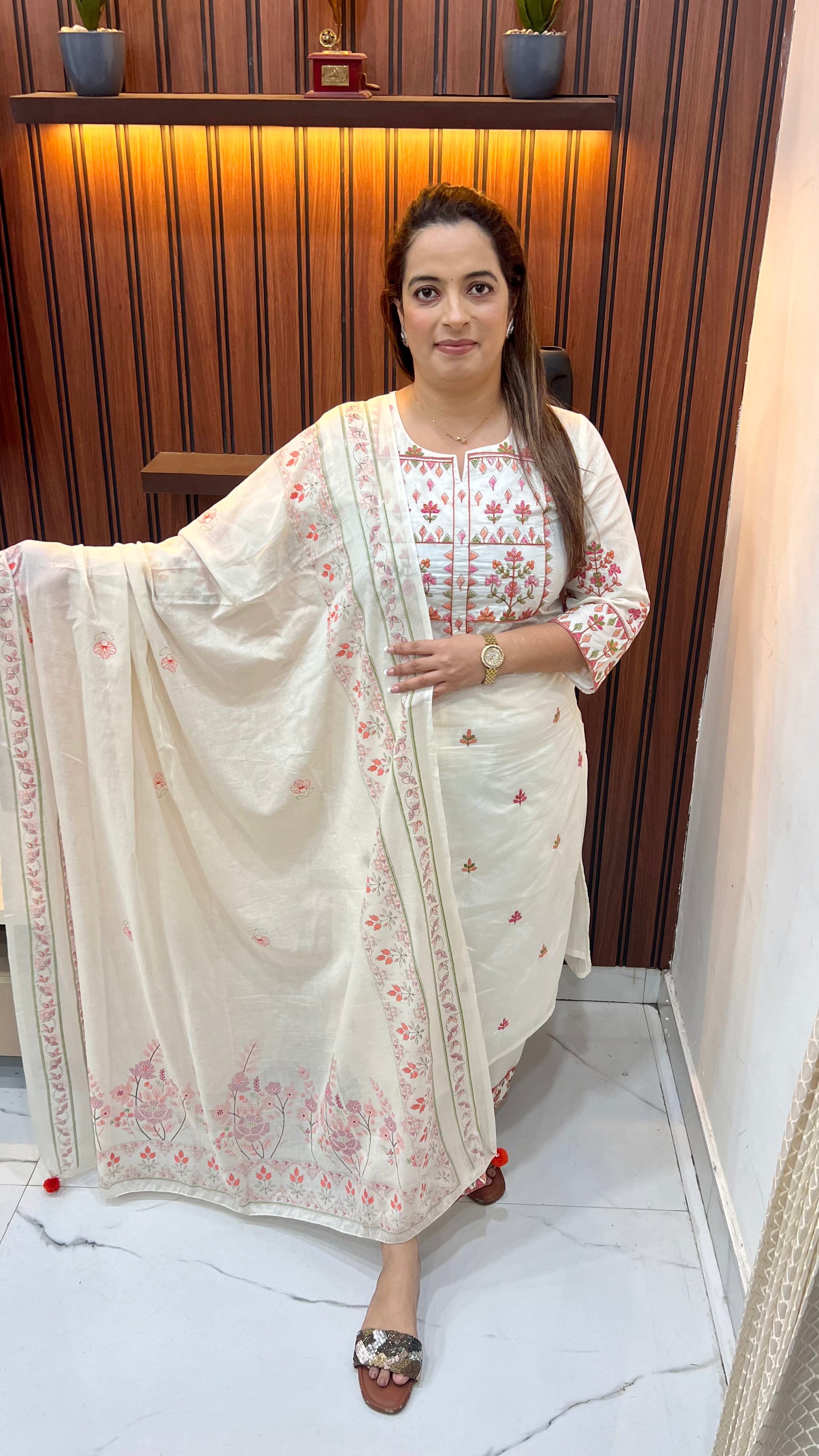 Mul Chanderi Suit — Embroidery Work with Cotton Lining & Block Printed Dupatta