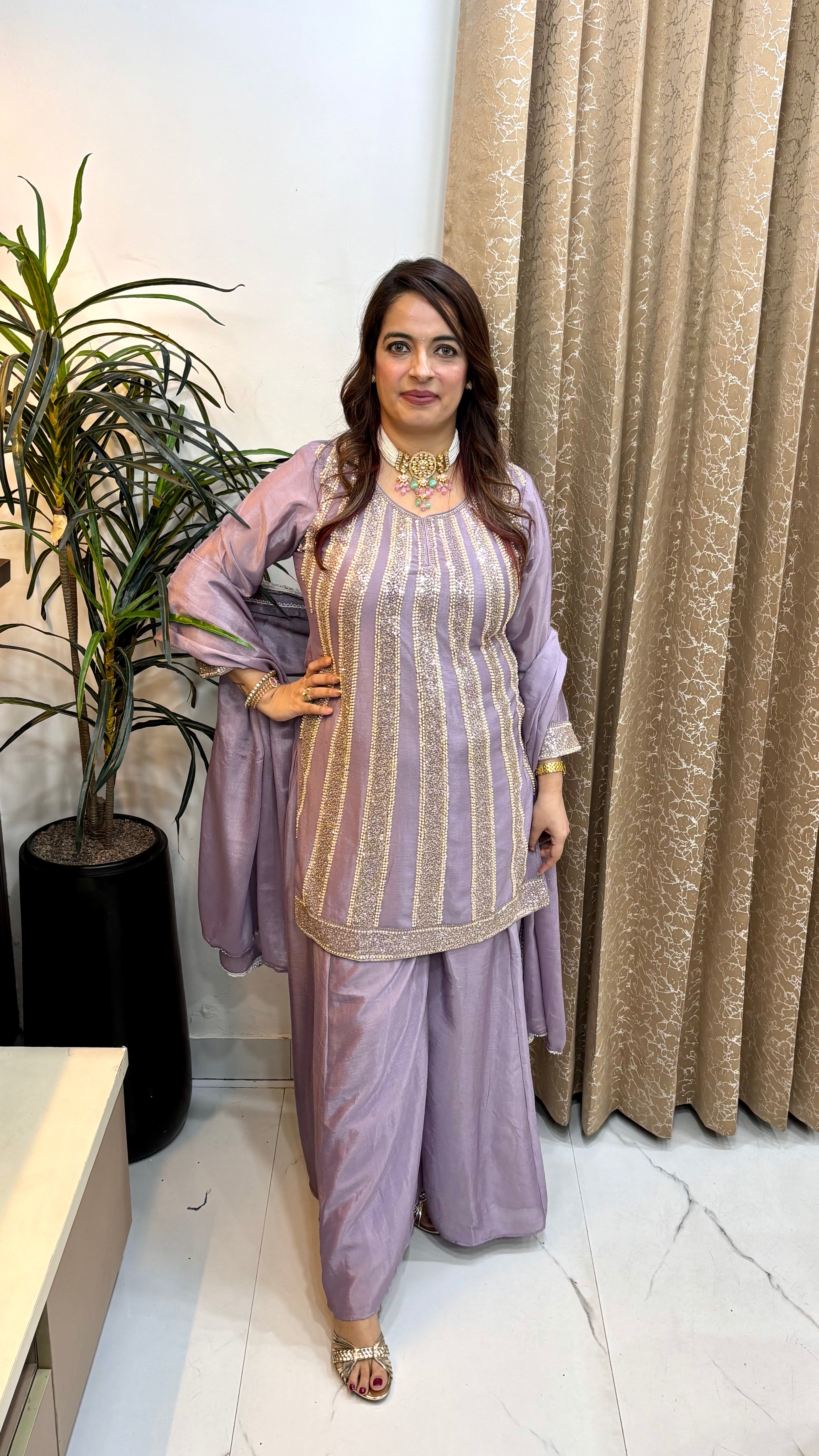 Pure Chinon Suit with Heavy Sequin & Pearl Embroidery, Kaliya Divider & Tasseled Dupatta