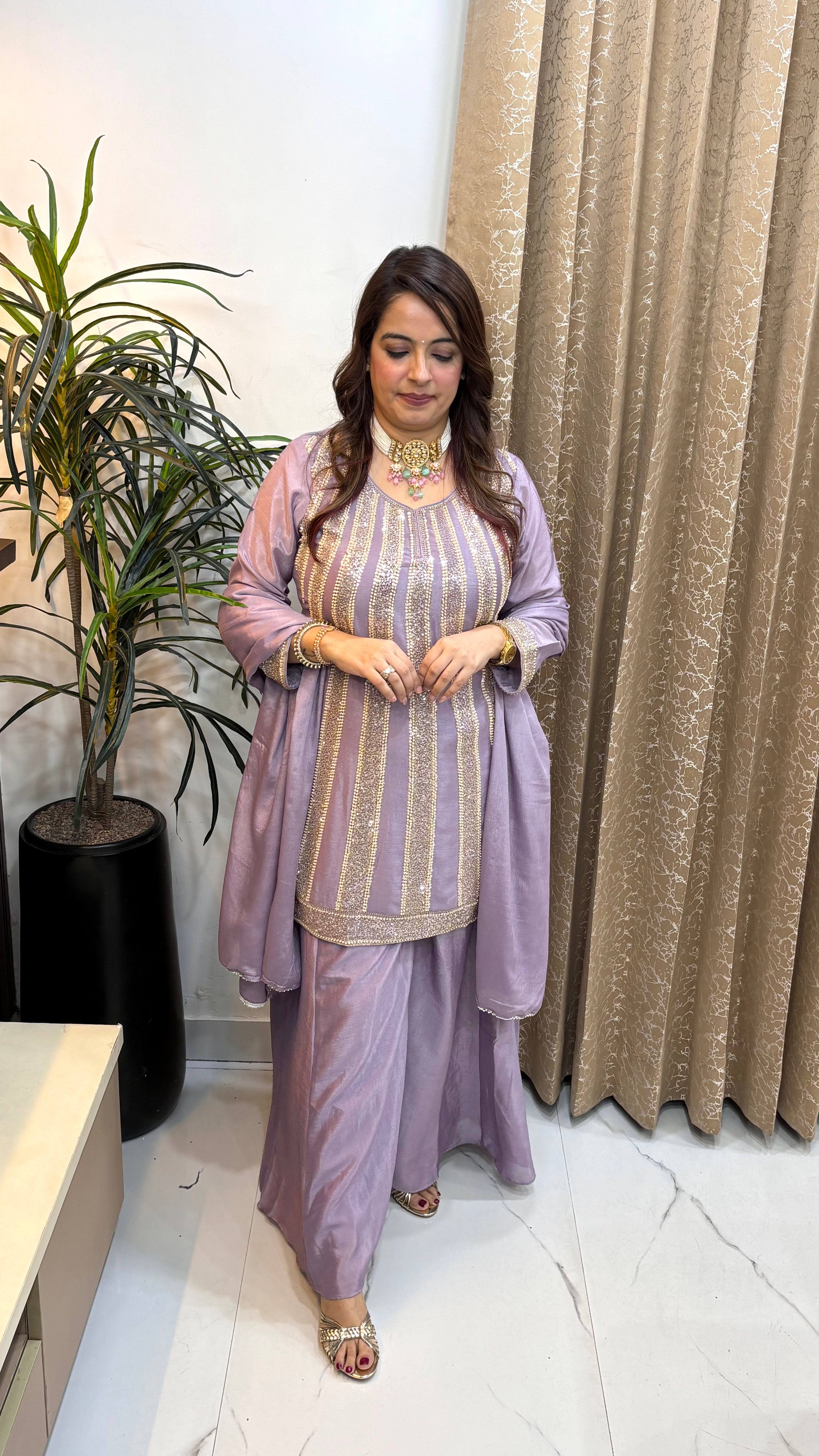 Pure Chinon Suit with Heavy Sequin & Pearl Embroidery, Kaliya Divider & Tasseled Dupatta