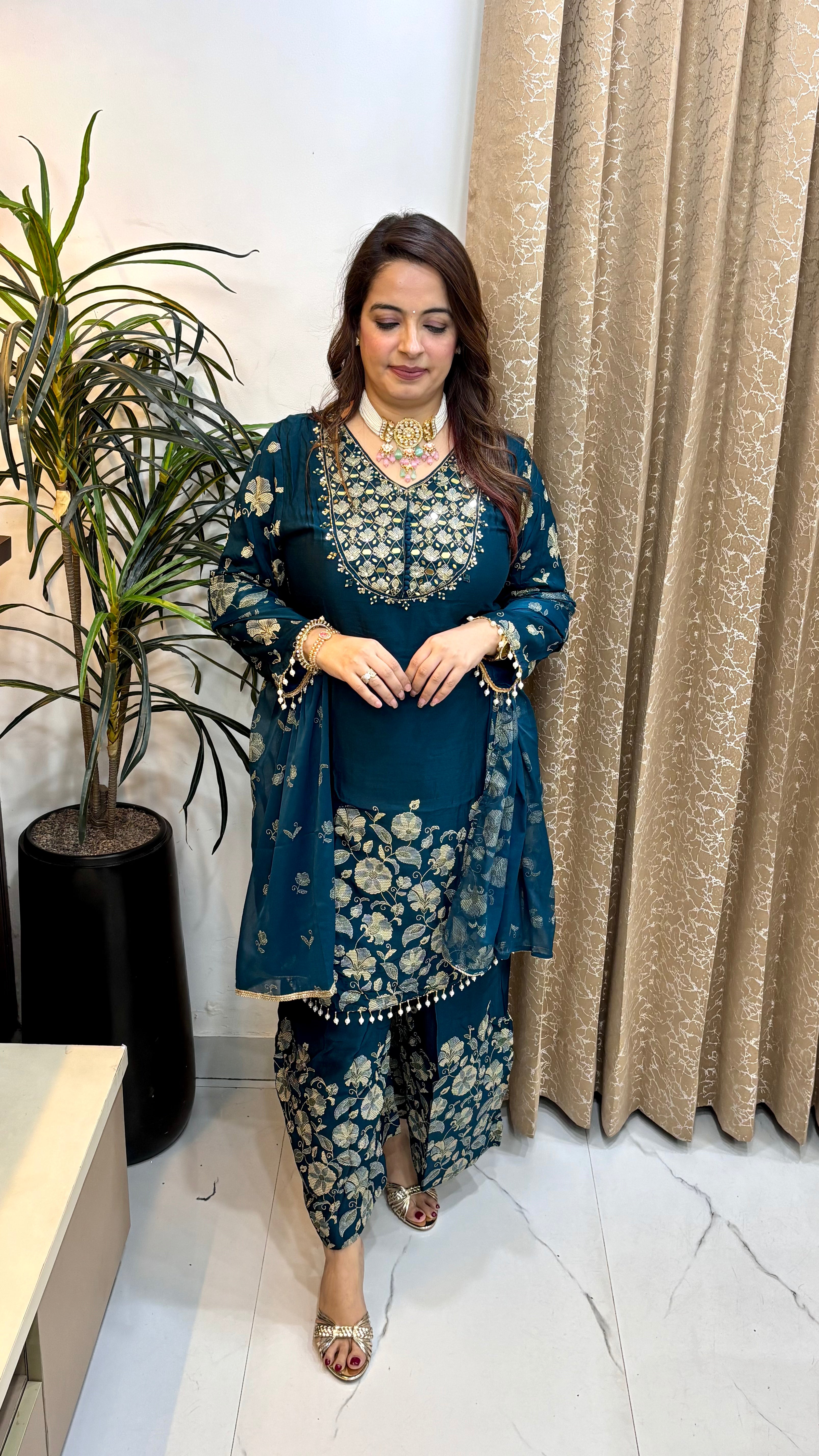 Pure Chinon Block Print Suit with Hand-Made Balls, Real Mirror Work & Cutdana