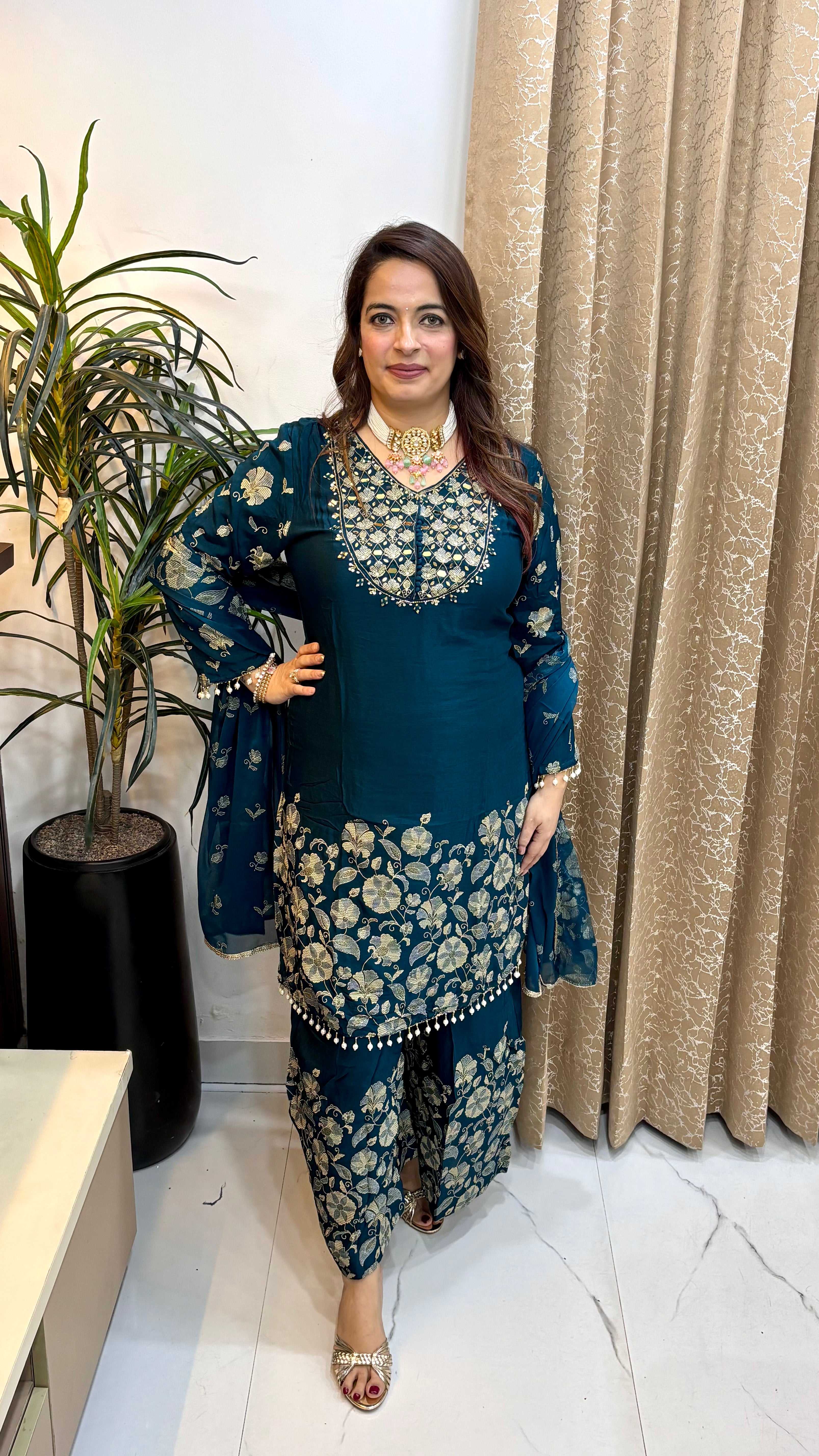 Pure Chinon Block Print Suit with Hand-Made Balls, Real Mirror Work & Cutdana