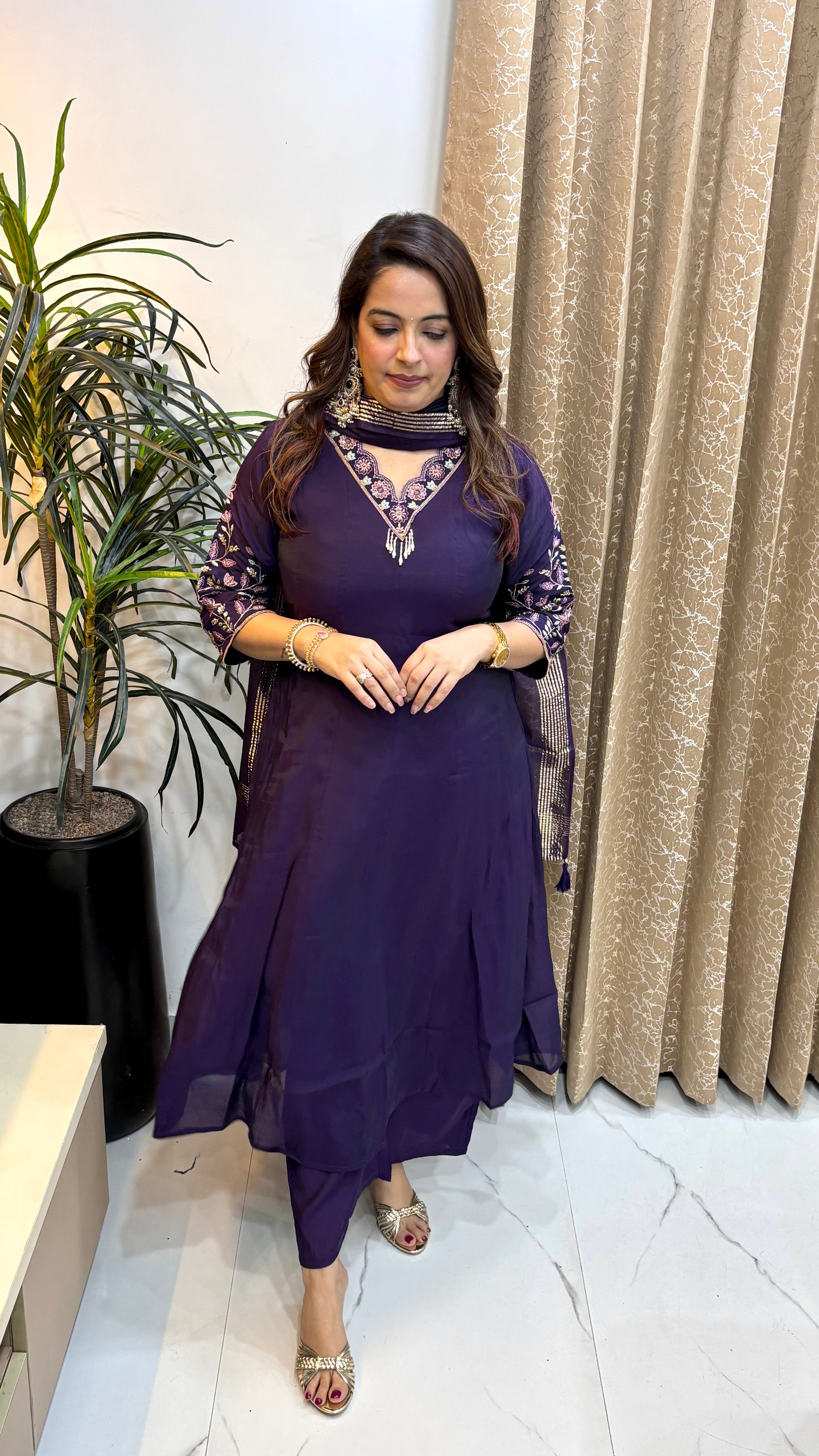 Mul Chanderi Anarkali Suit with Cutwork Embroidery & Lagdi Patta Dupatta