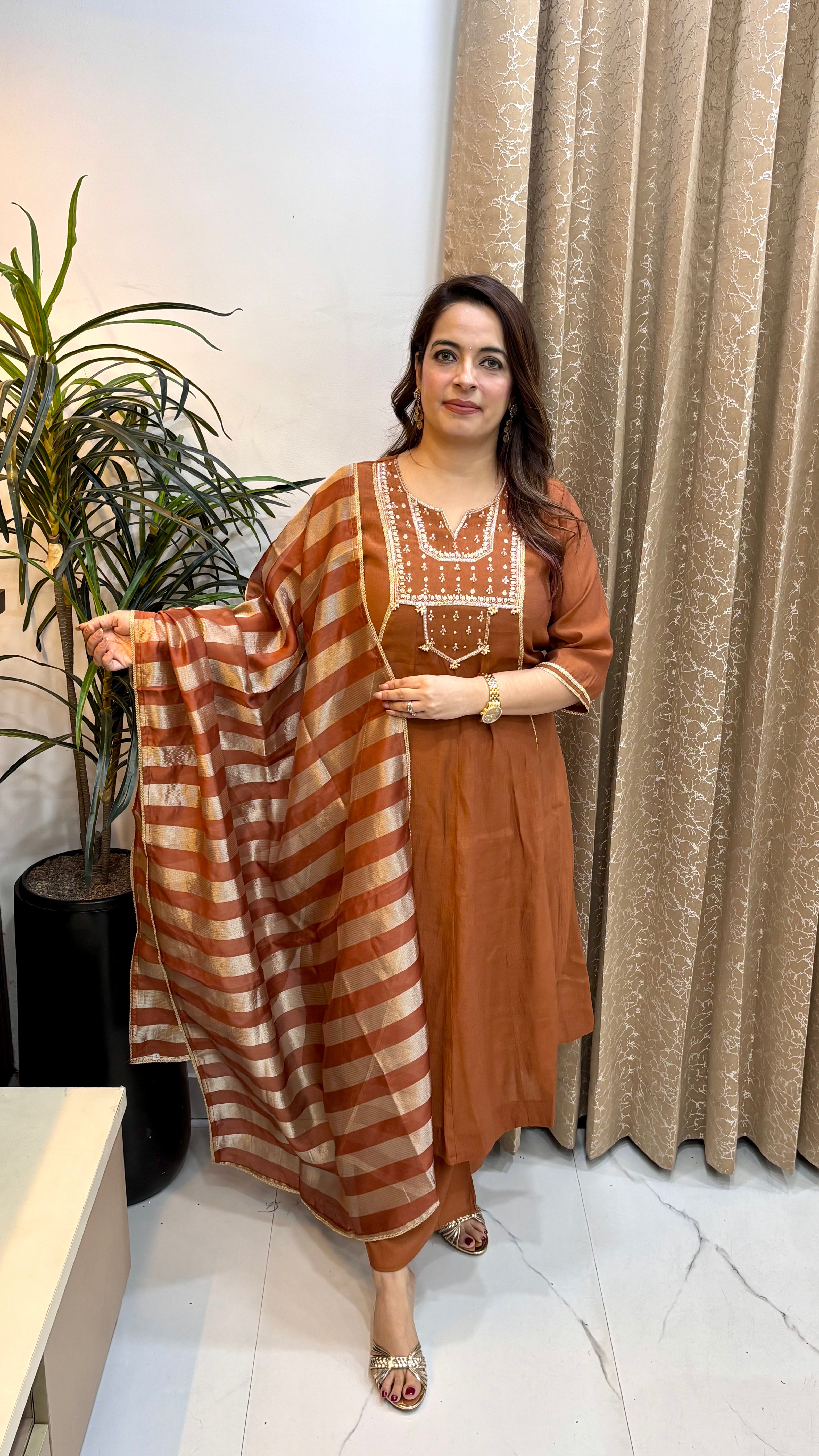 Mul Chanderi Suit with Zardozi, Pearls, Lace Work & Lagdi Patta Dupatta