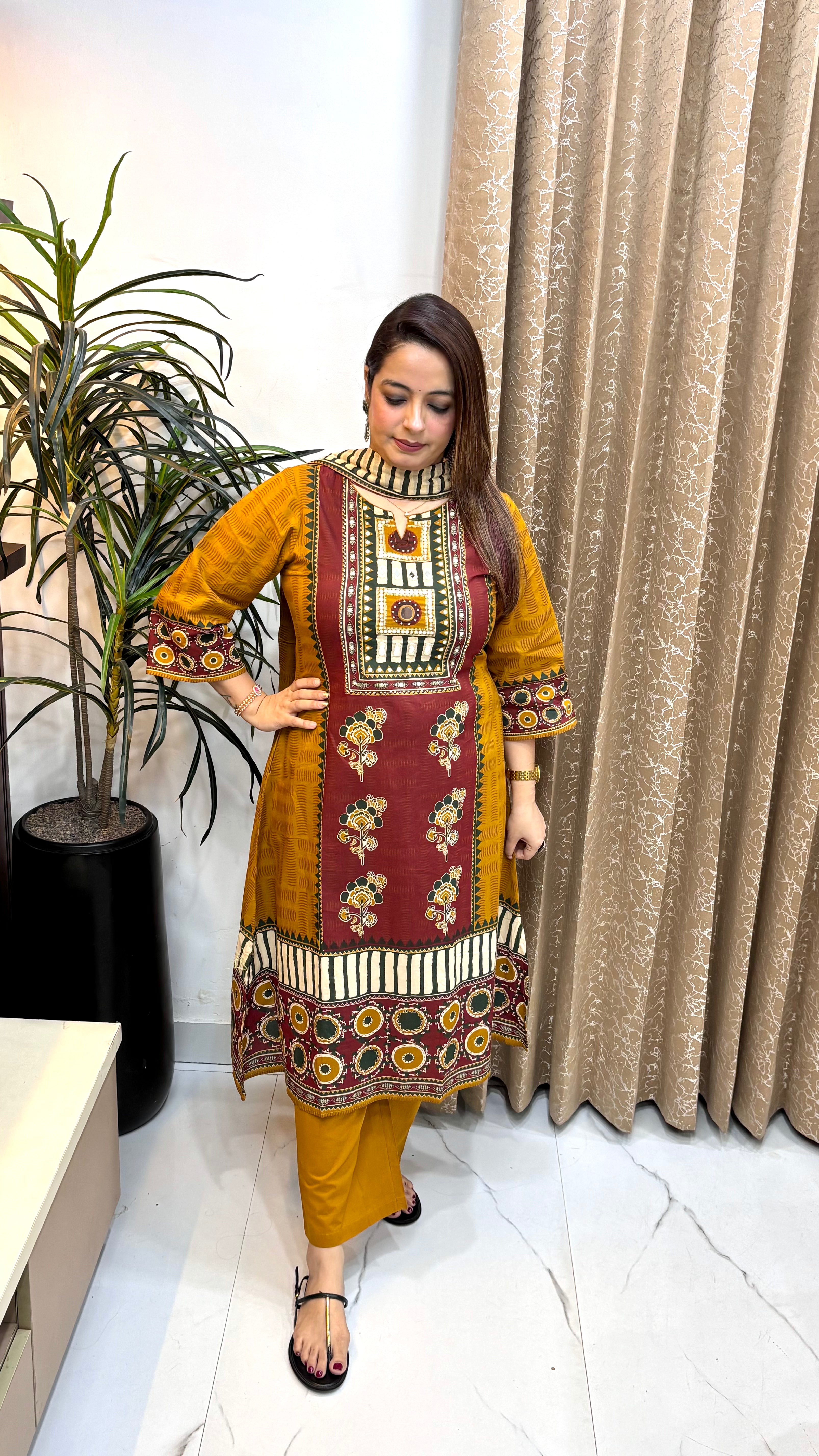 Pure Cotton A-Line Suit with Real Mirror Work, Side Pockets & Mulmul Dupatta