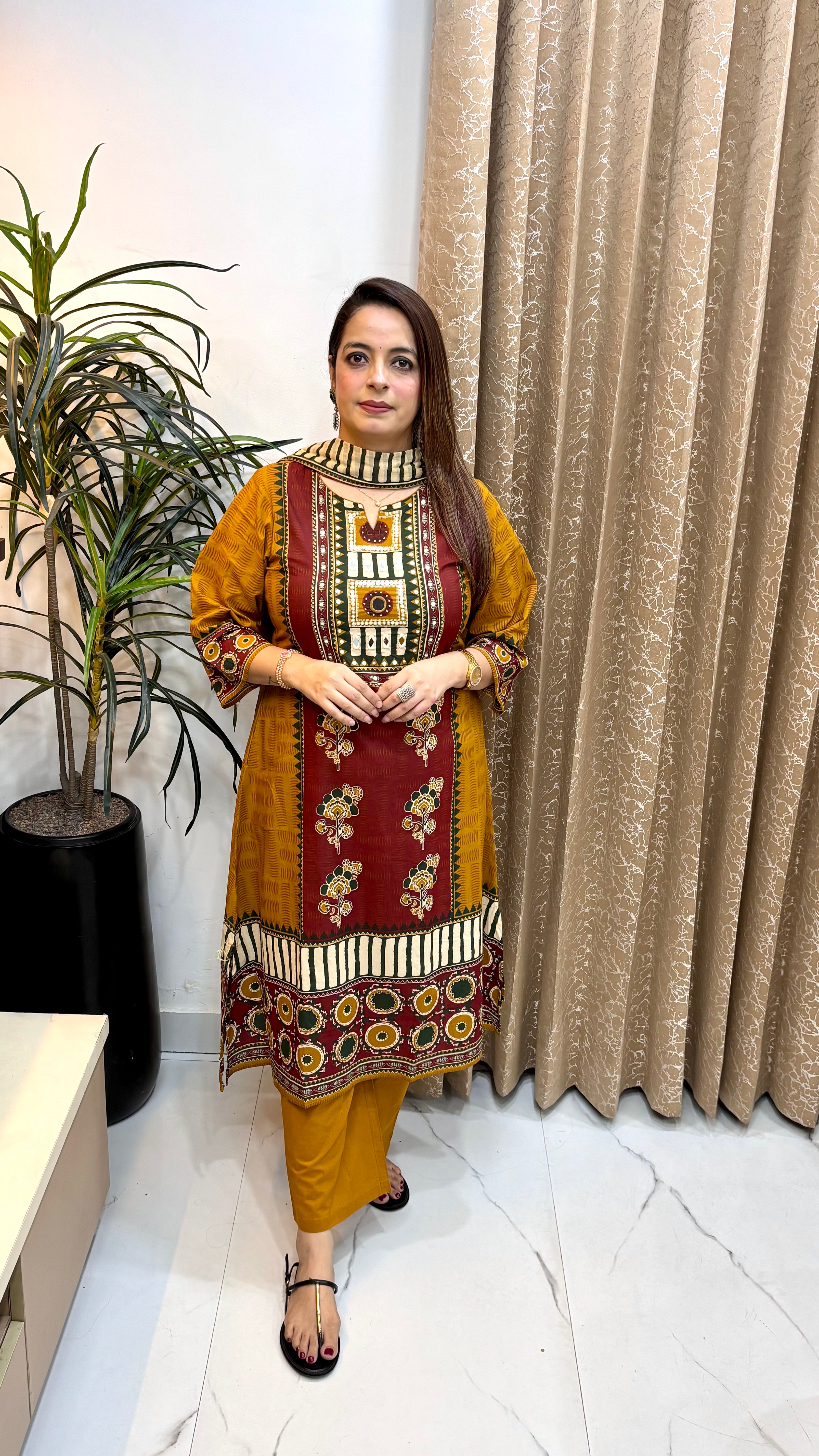 Pure Cotton A-Line Suit with Real Mirror Work, Side Pockets & Mulmul Dupatta