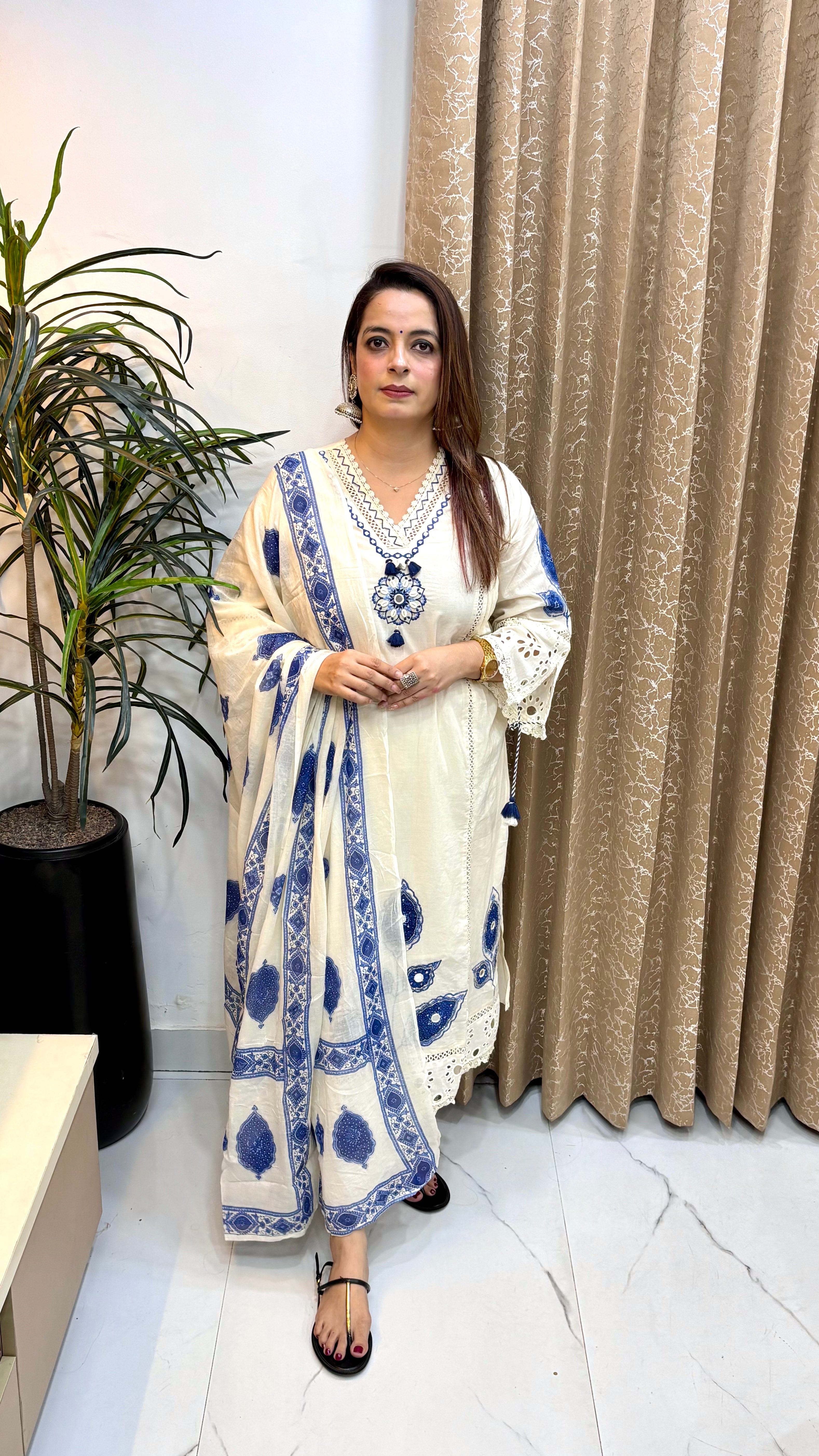 Pure Cotton Suit with Appliqué, Schiffli Work & Circular Crochet Lace Bottom