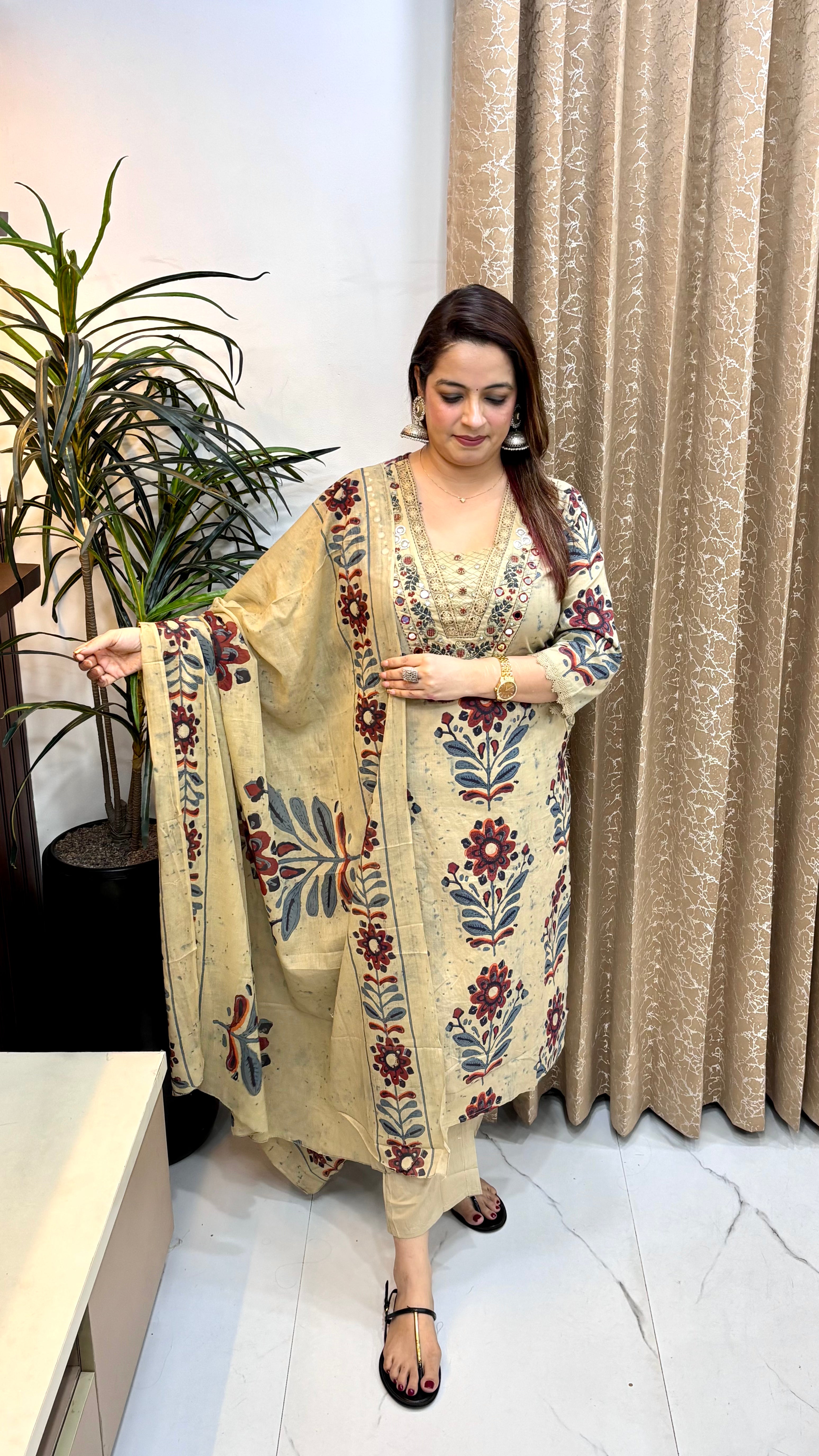 Pure Cotton Suit with Real Mirror Neckline, Hand-Made Tassels & Mulmul Dupatta