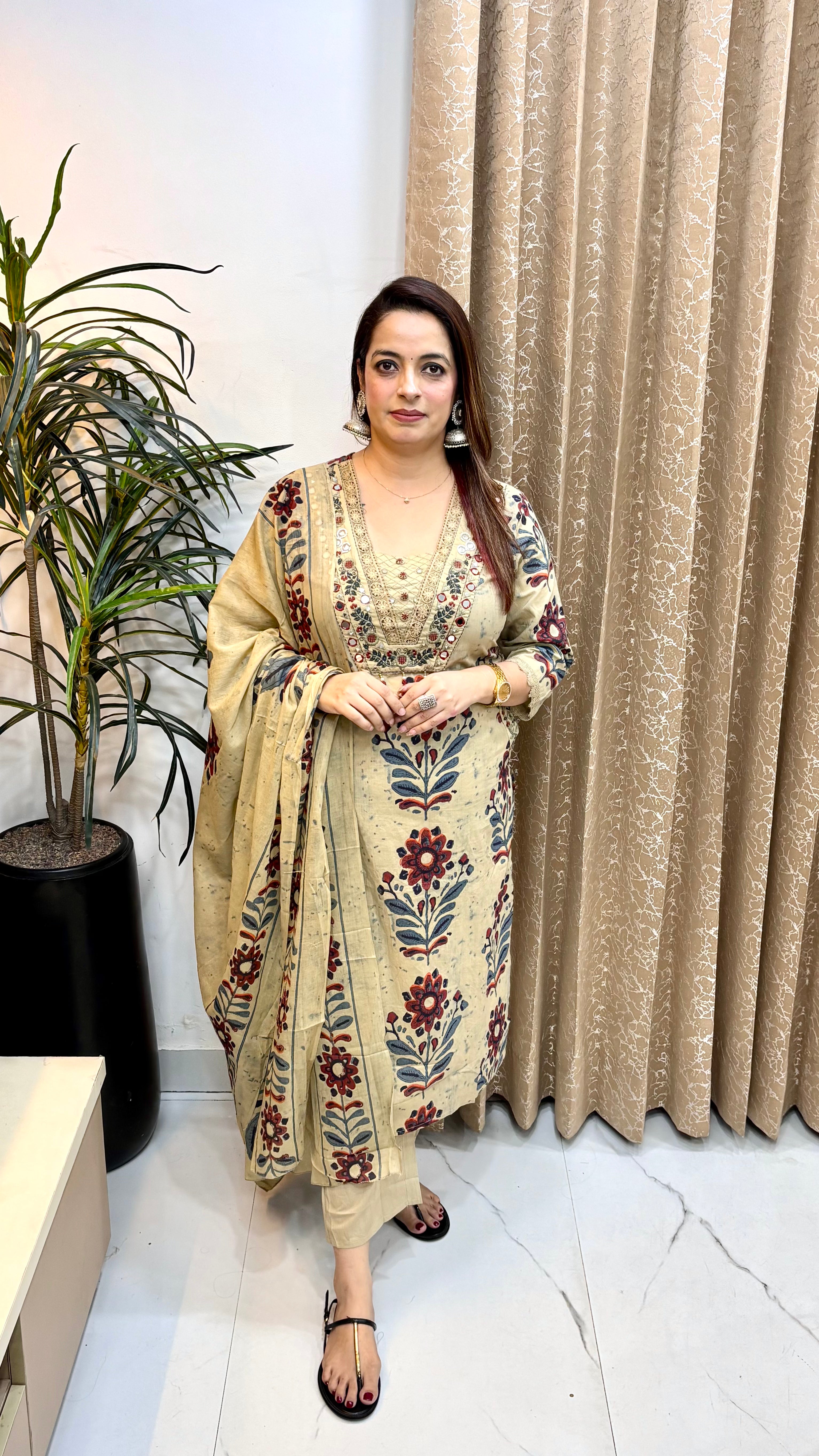 Pure Cotton Suit with Real Mirror Neckline, Hand-Made Tassels & Mulmul Dupatta