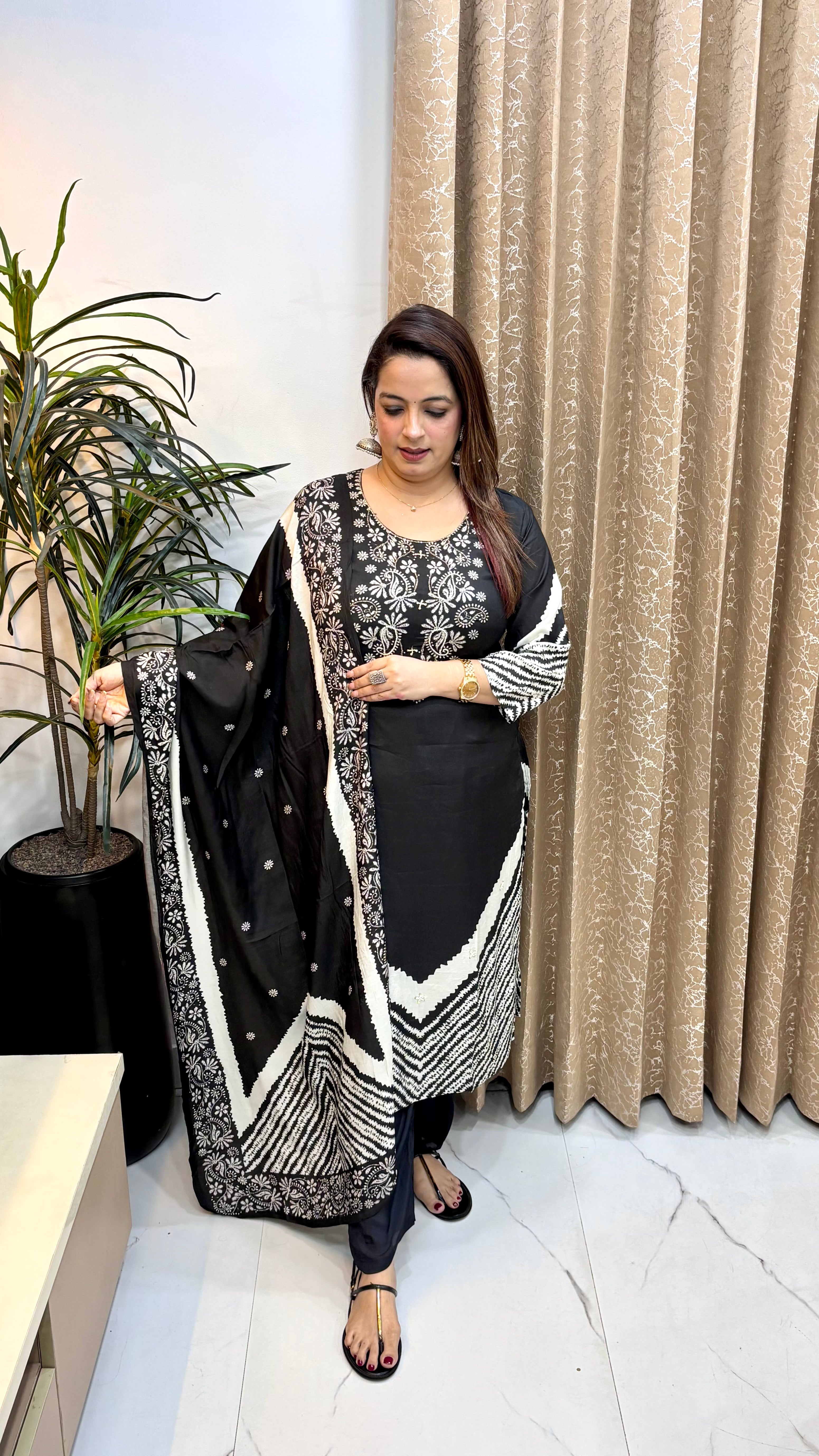 Natural Crepe Suit with Boutique Print, Cutdana Work & Shantoon Bottom