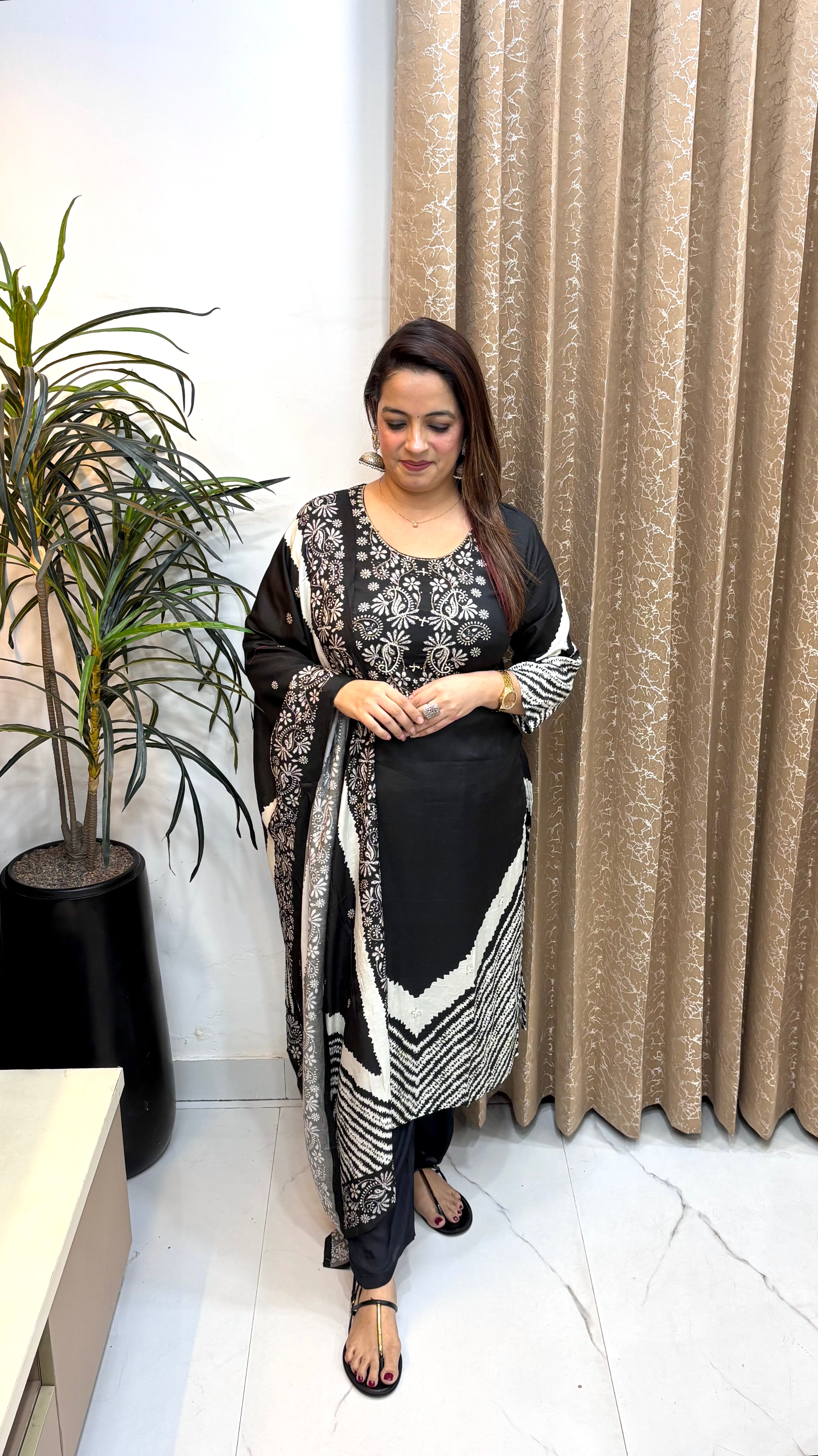 Natural Crepe Suit with Boutique Print, Cutdana Work & Shantoon Bottom