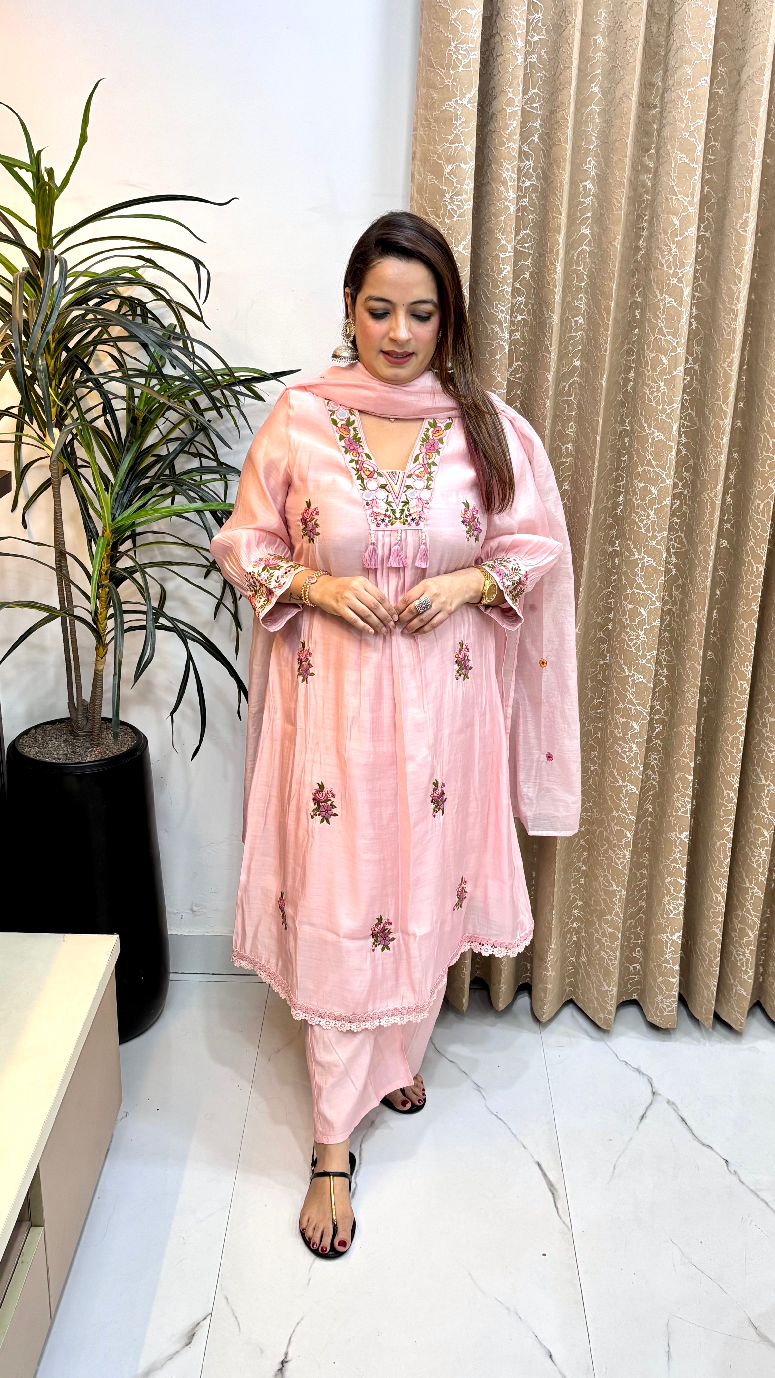 Mul Chanderi Suit with Embroidery, Real Mirror Work & Tassels