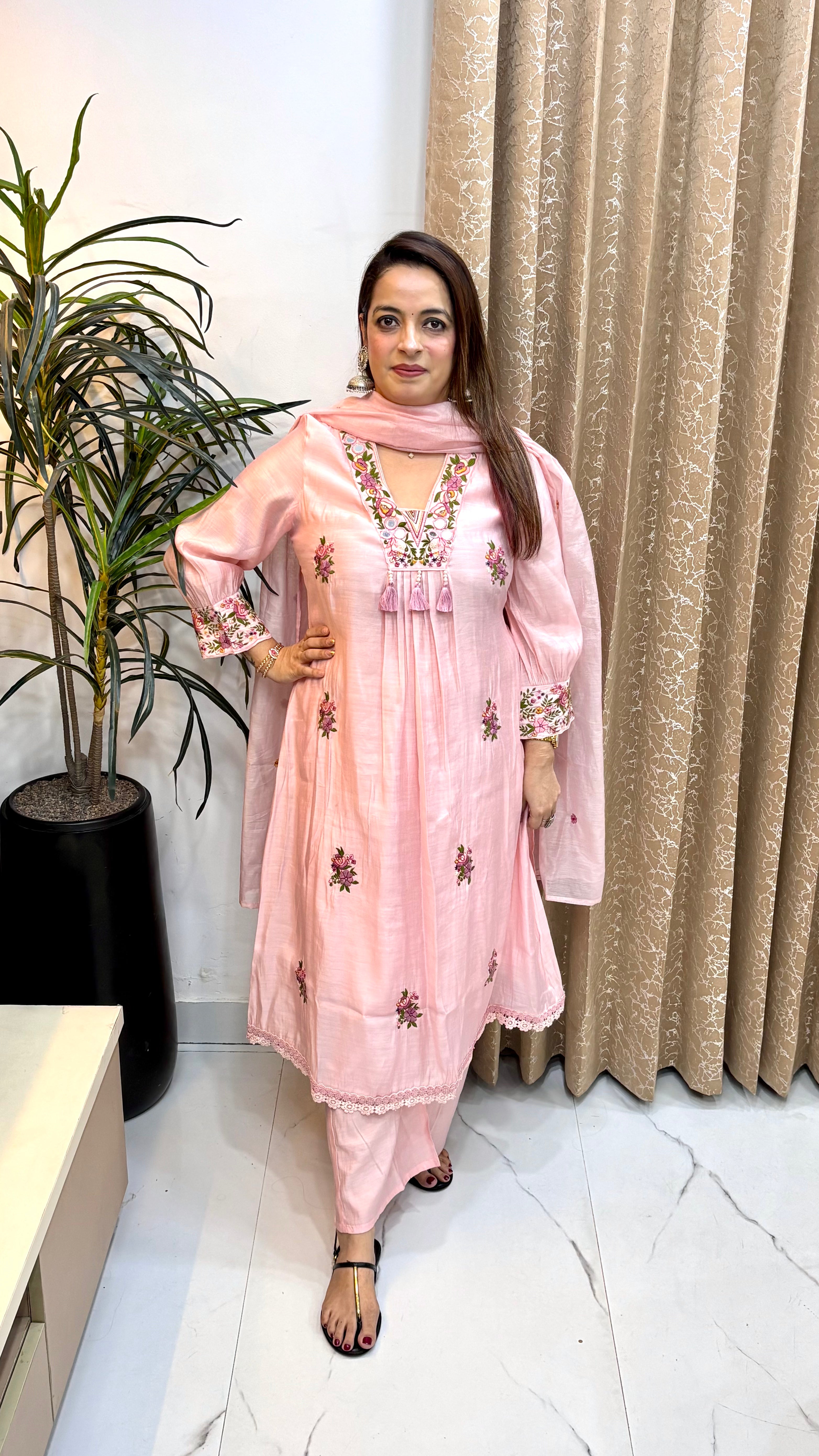 Mul Chanderi Suit with Embroidery, Real Mirror Work & Tassels
