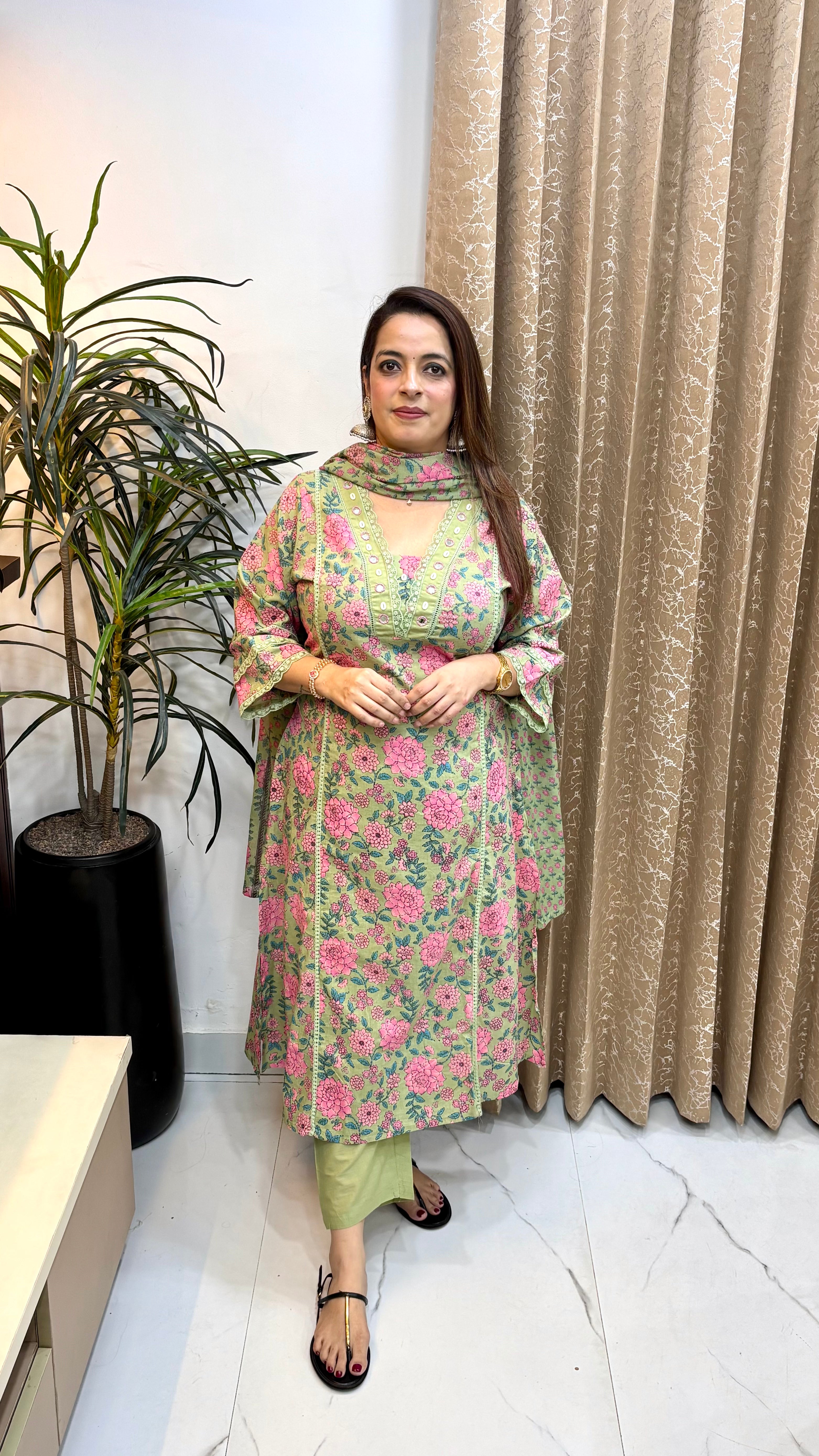 Pure Cotton Suit with Organza Panels, Crochet Lace & Mulmul Dupatta