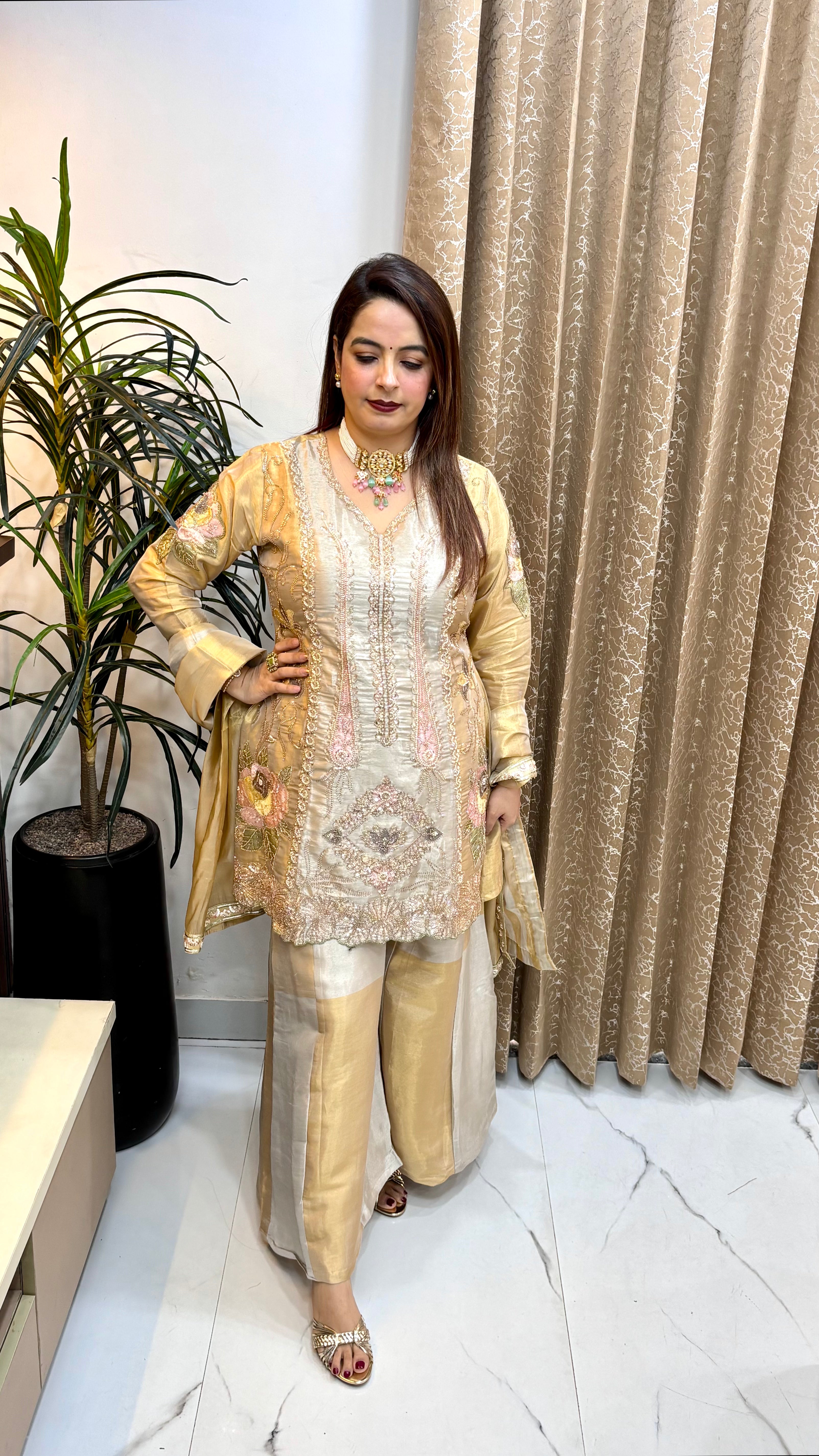 Organza Shimmer A-Line Suit with Cutwork Hemline & Coordinated Divider