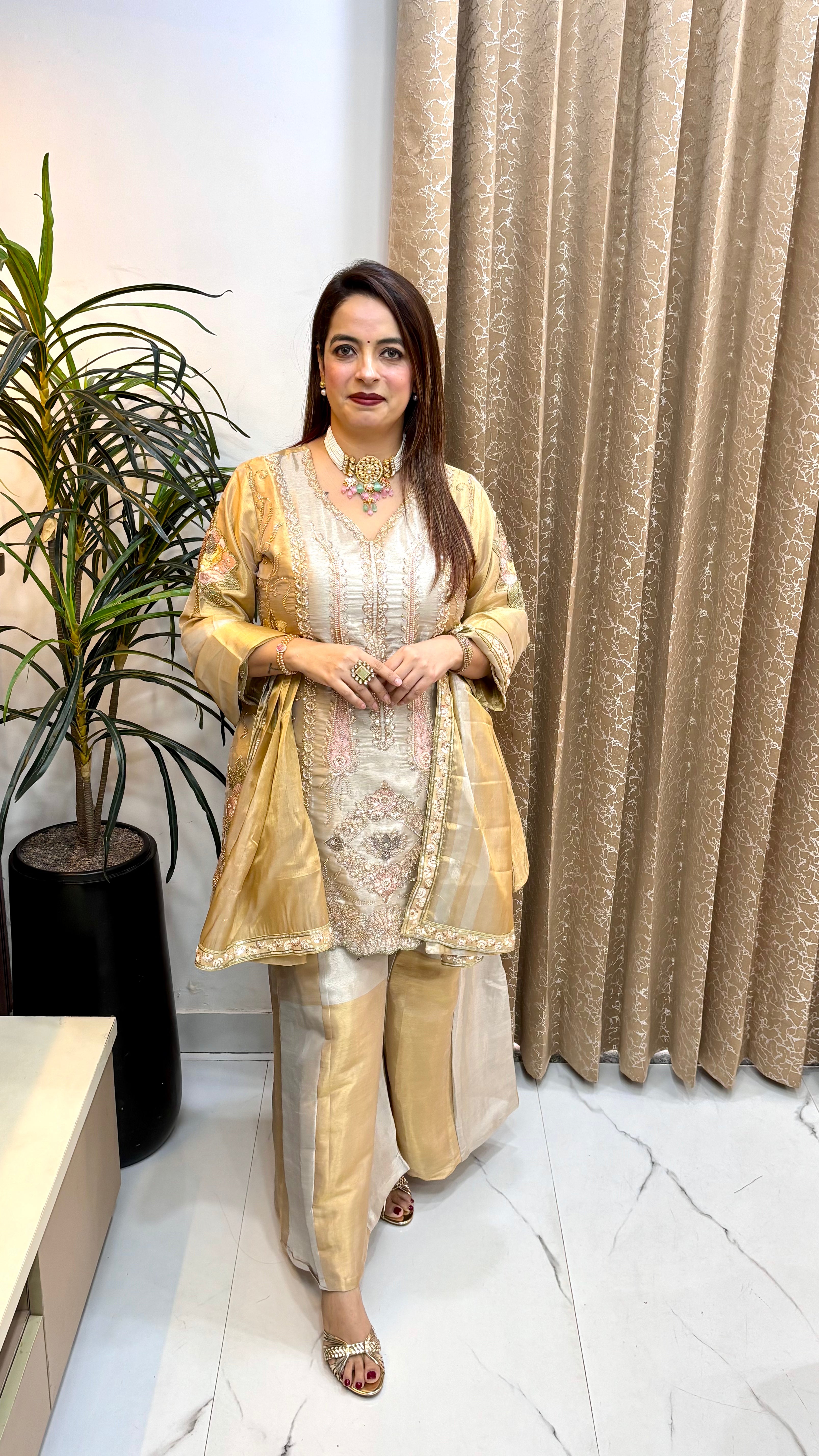 Organza Shimmer A-Line Suit with Cutwork Hemline & Coordinated Divider