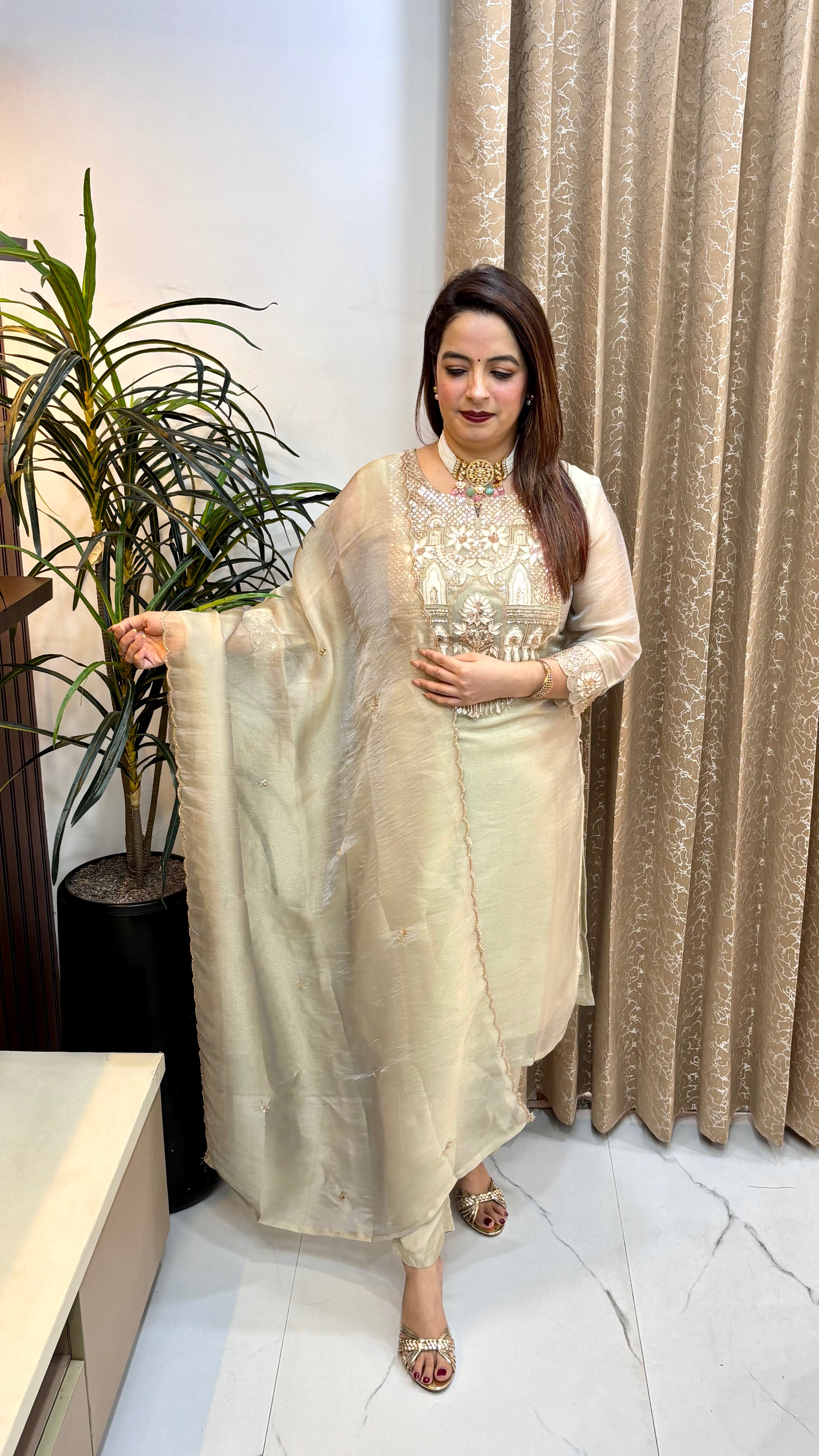 Organza Shimmer Suit with Cutwork Dupatta & V-Slit Neckline