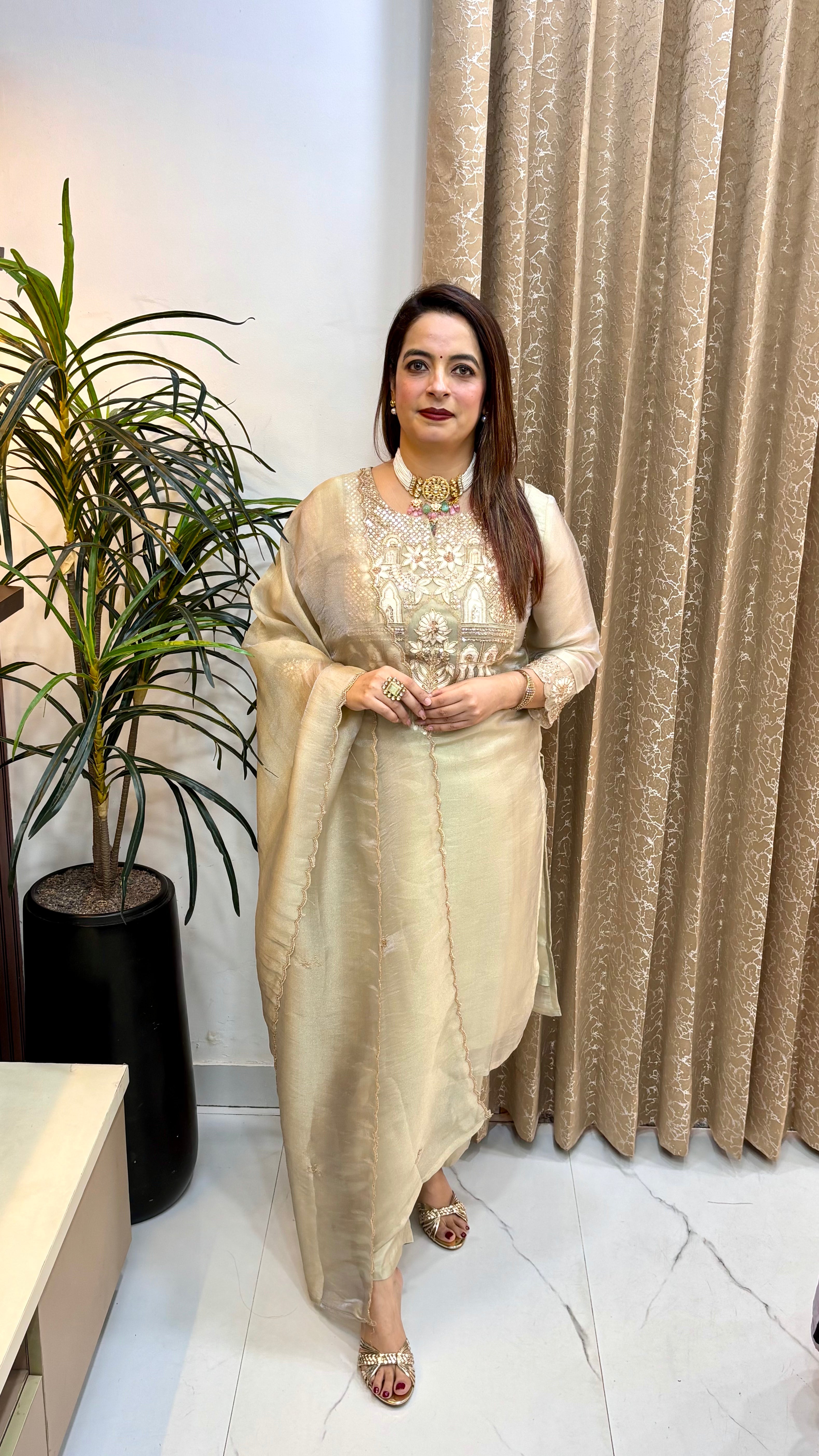 Organza Shimmer Suit with Cutwork Dupatta & V-Slit Neckline