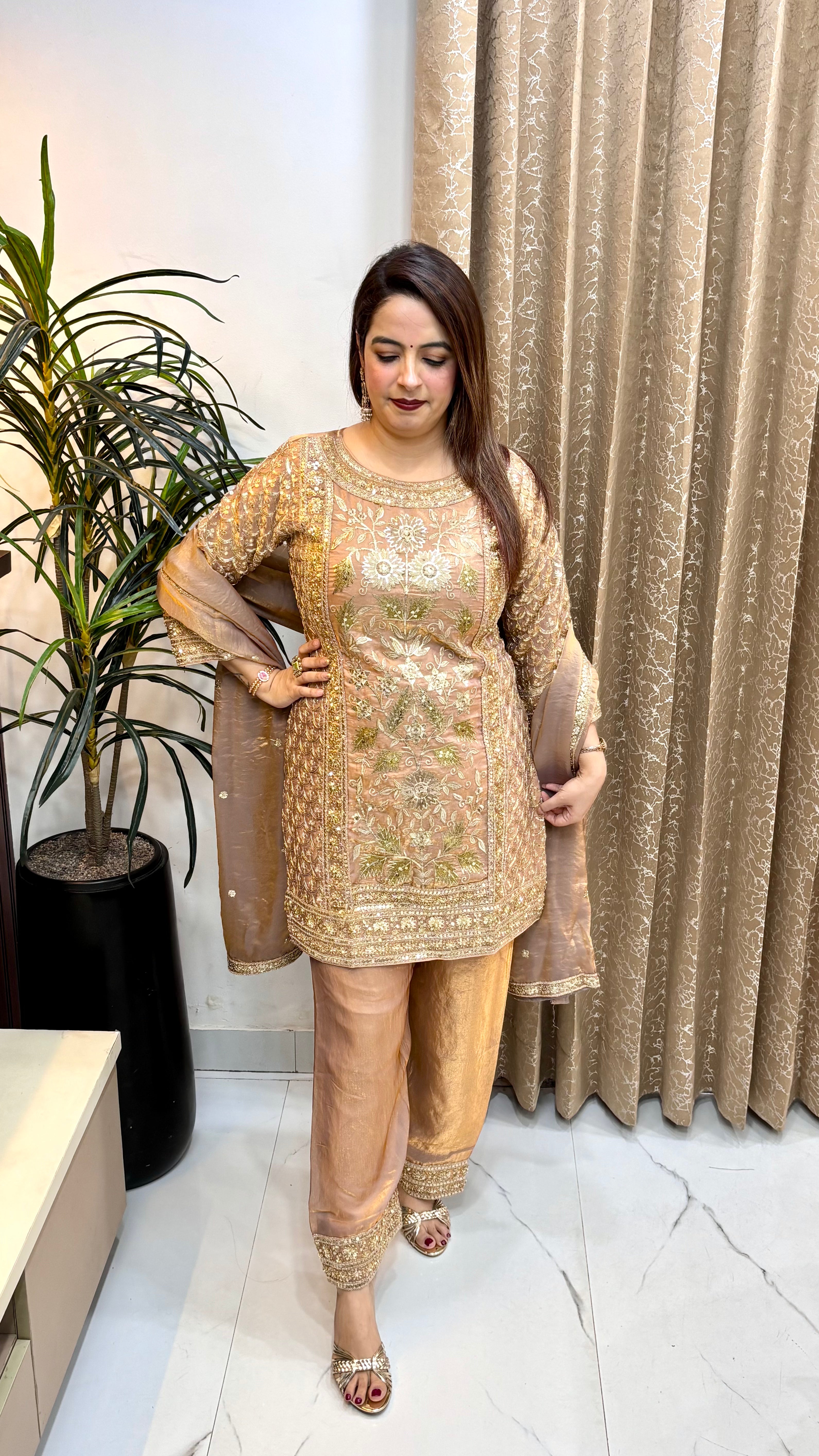 Organza Shimmer Suit with Zari & Resham Work, Farshi Salwar & Embroidered Dupatta