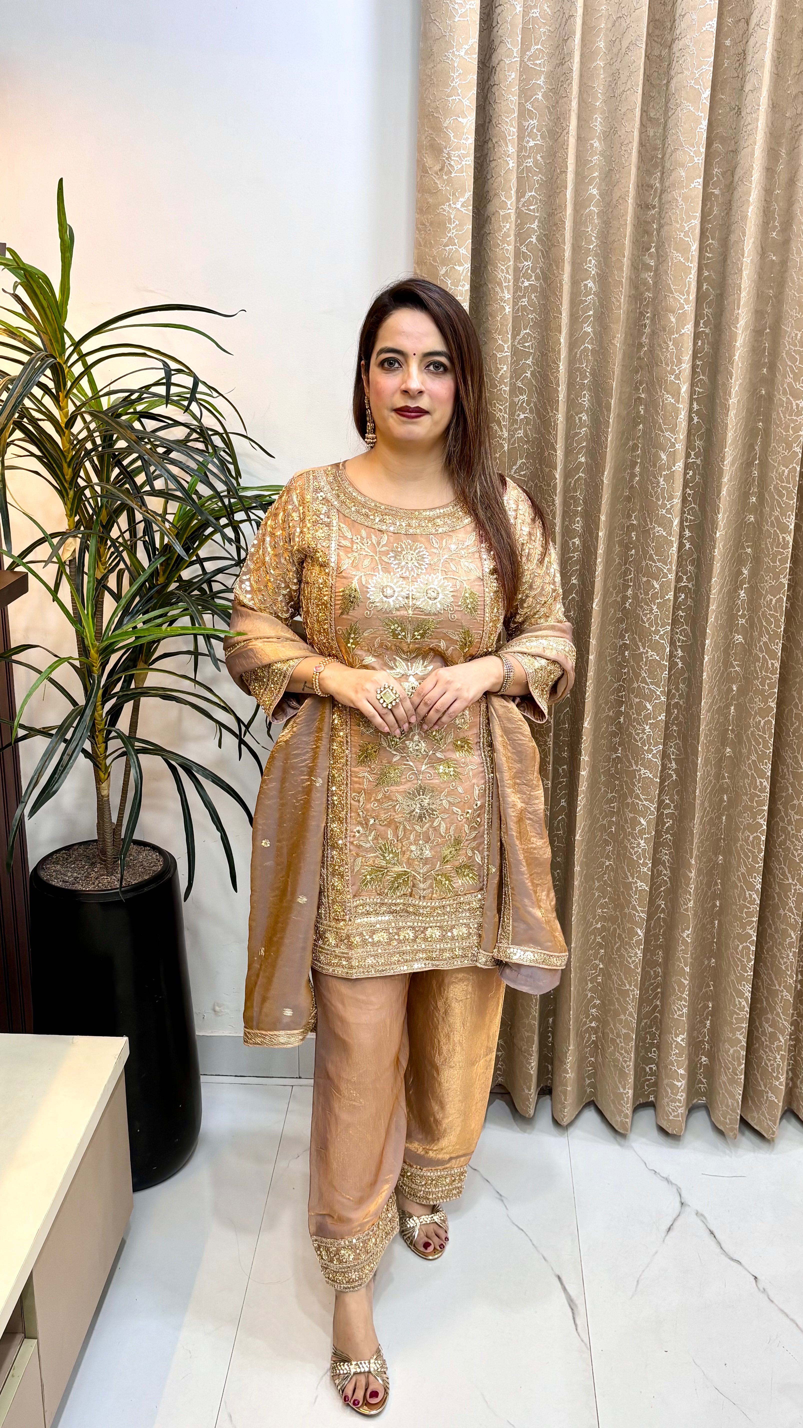 Organza Shimmer Suit with Zari & Resham Work, Farshi Salwar & Embroidered Dupatta