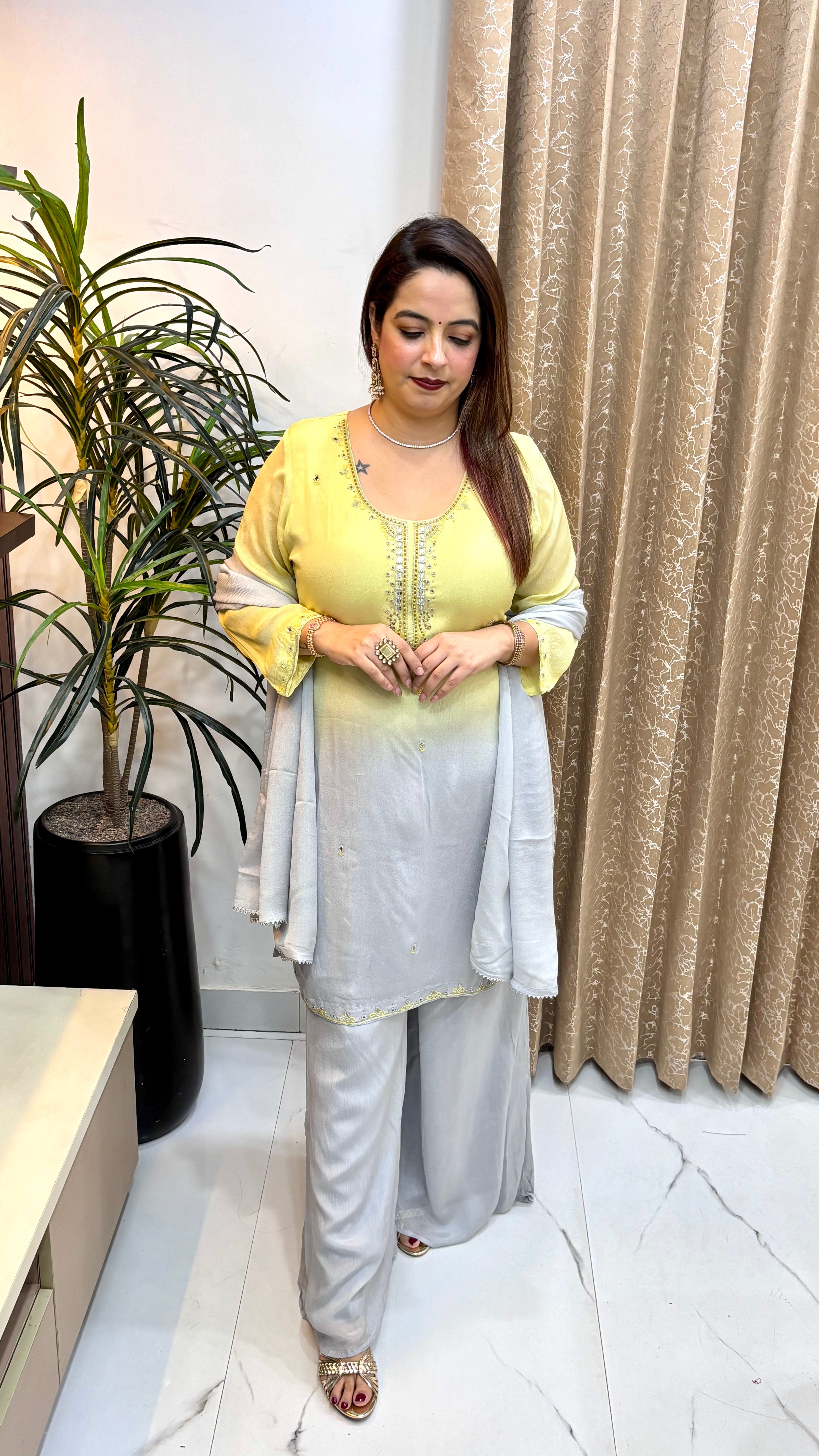 Pure Chinon Dual-Shade Suit with Embroidery & Coordinated Divider