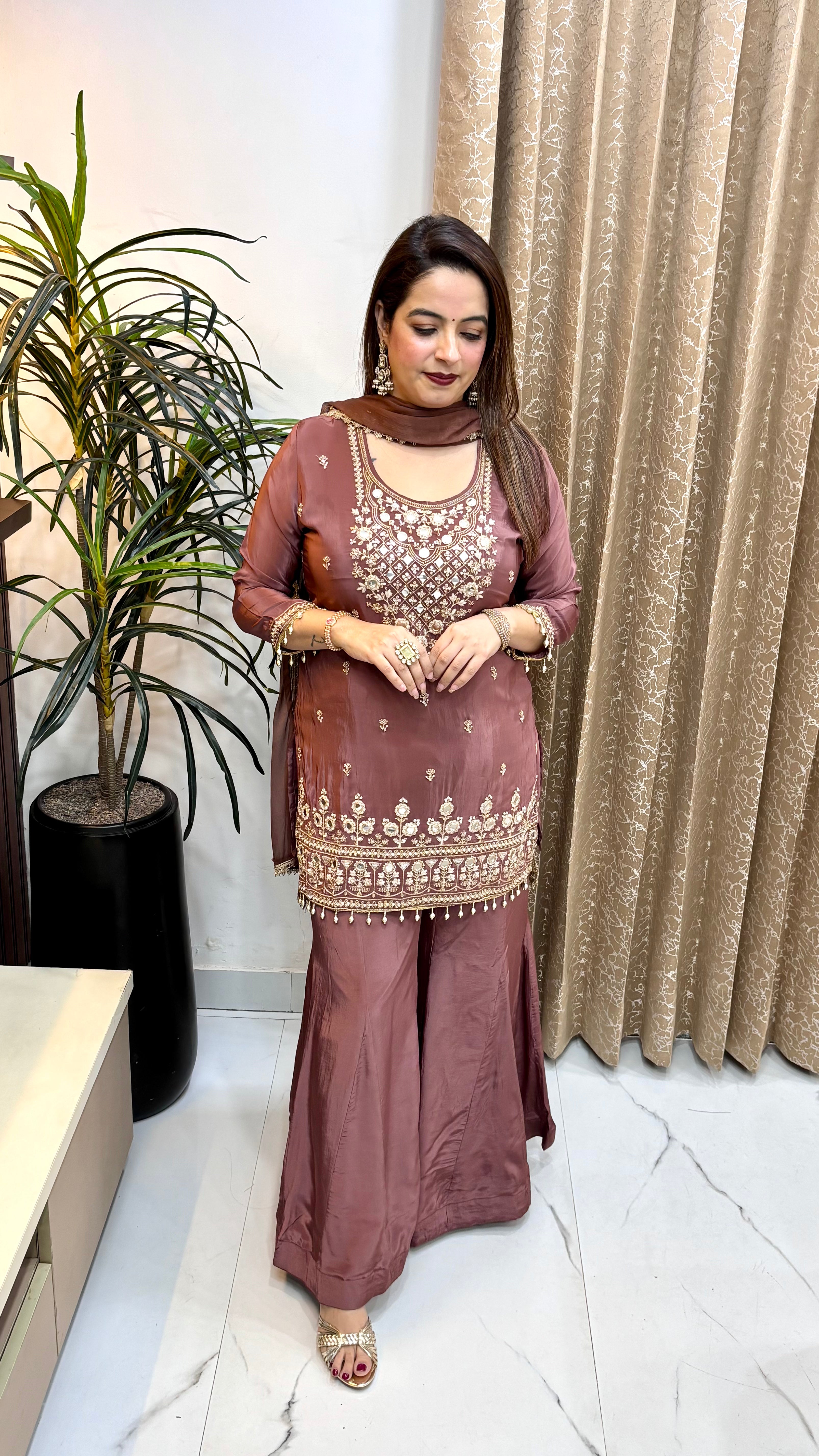Natural Crepe Suit with Kaliya Divider, Zari & Real Mirror Ounce Neckline