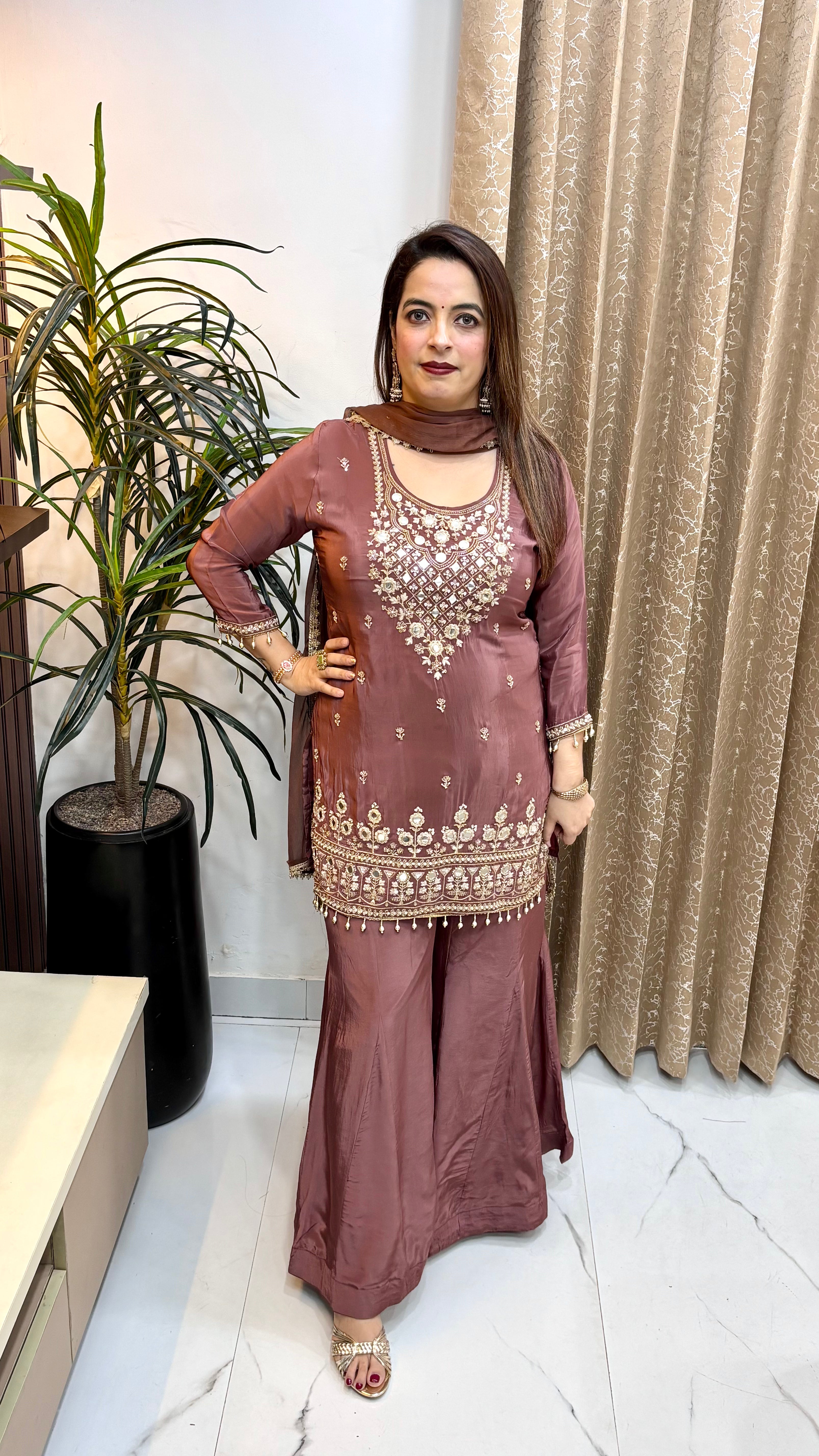 Natural Crepe Suit with Kaliya Divider, Zari & Real Mirror Ounce Neckline