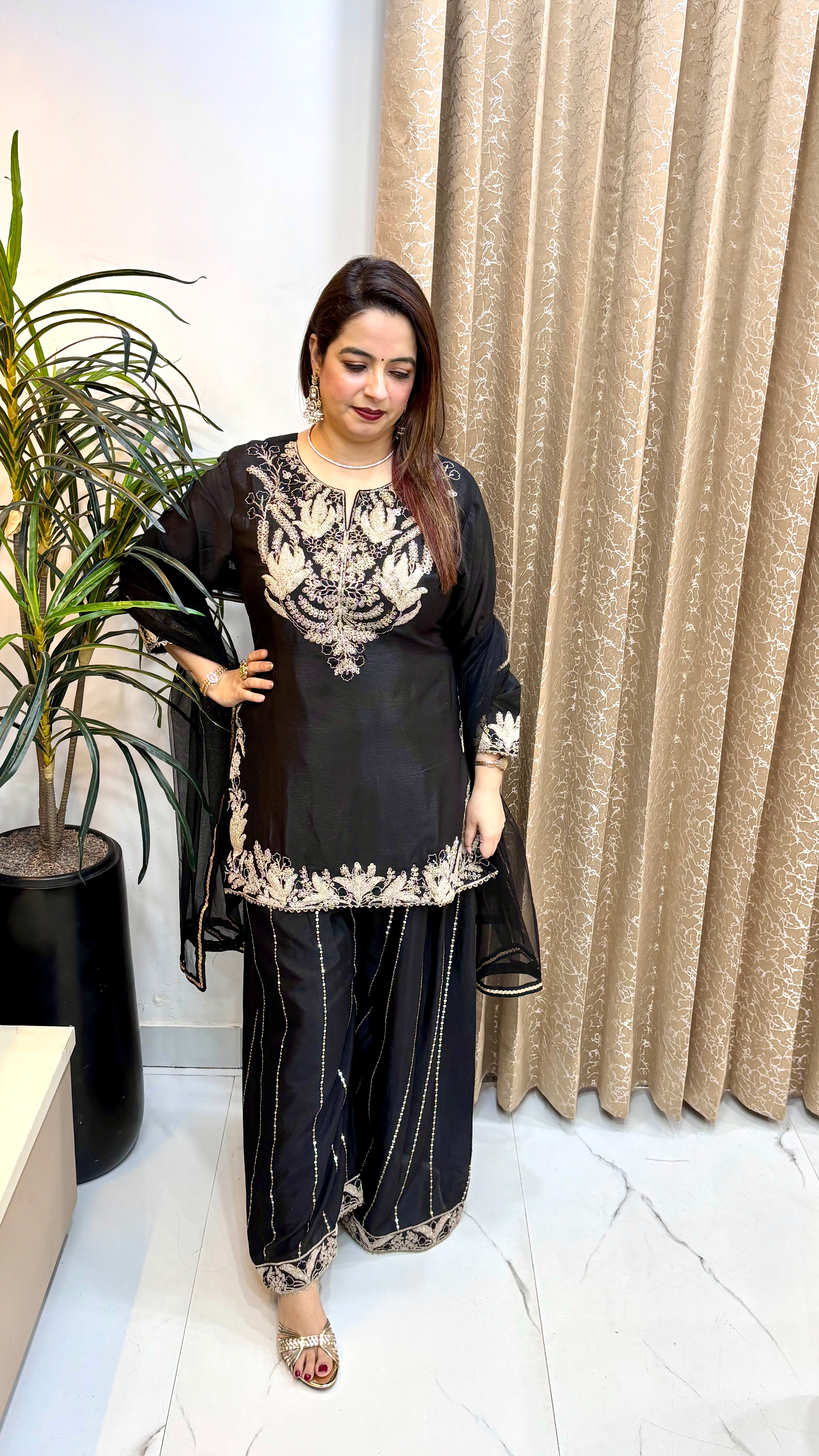 Pure Chinon Suit with Zardozi & Resham Work, Divider & Gota Net Dupatta