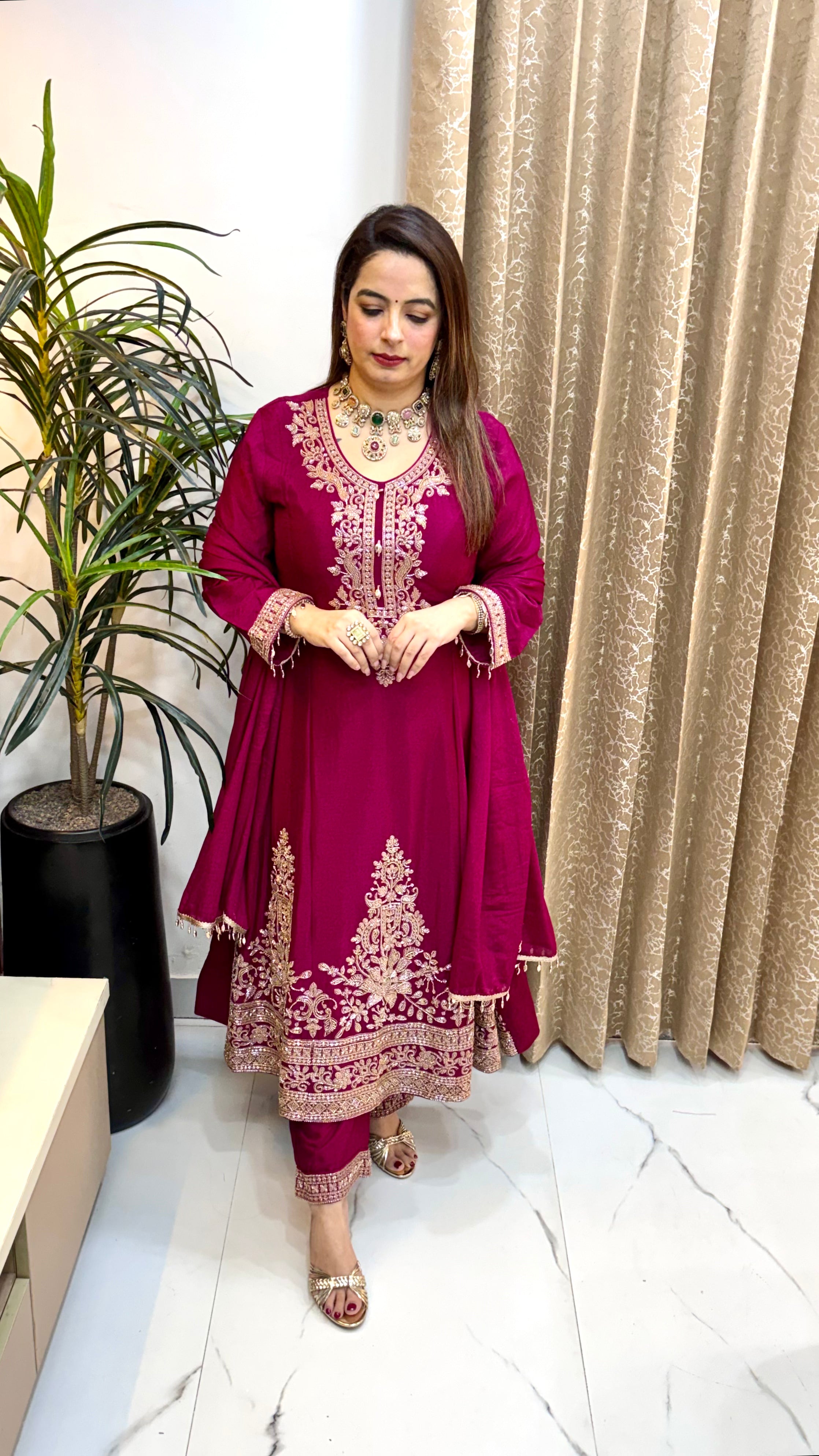 Pure Chinon Heavy Embroidered Anarkali Suit with Sleeve & Dupatta Hangings