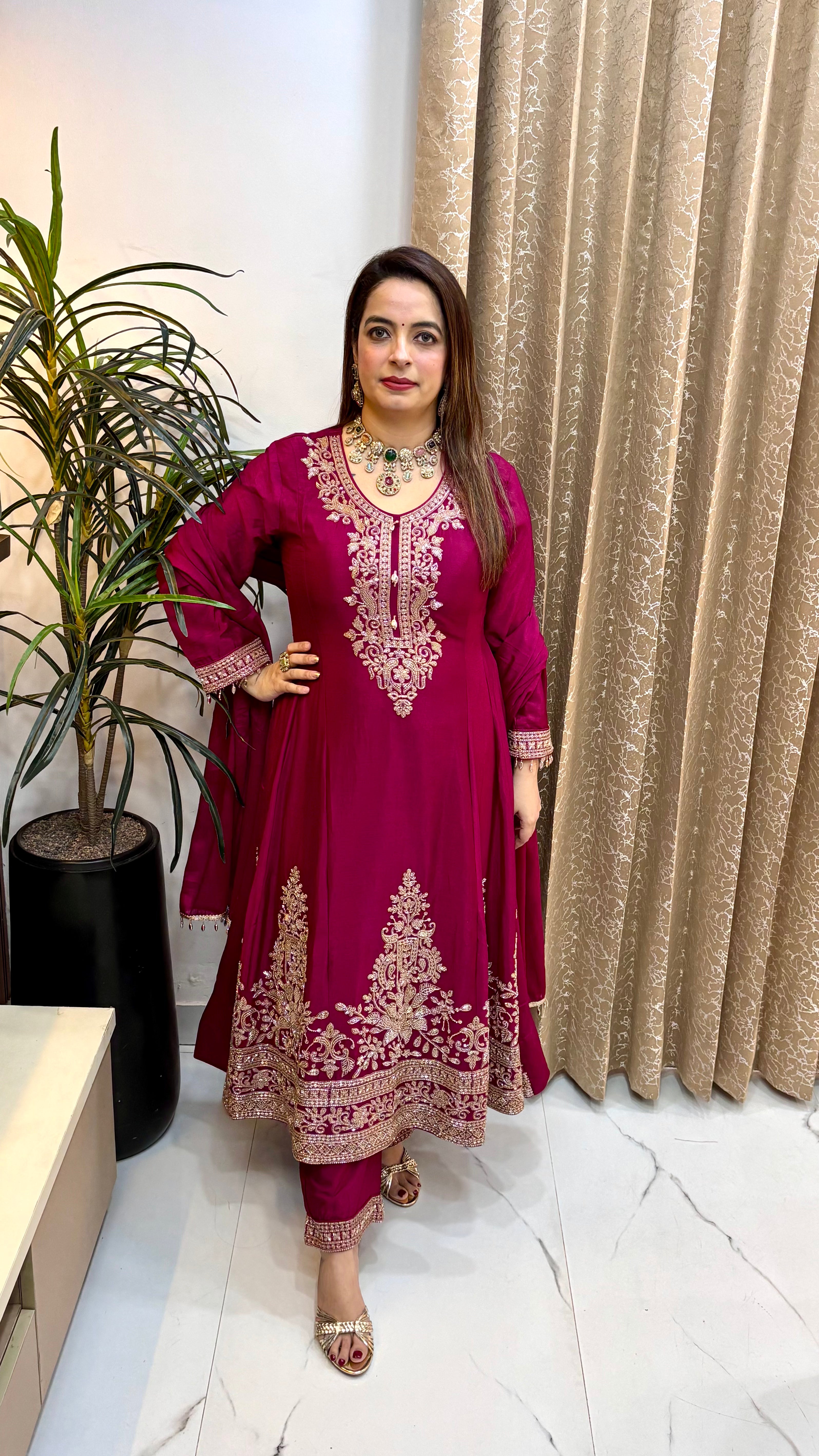 Pure Chinon Heavy Embroidered Anarkali Suit with Sleeve & Dupatta Hangings