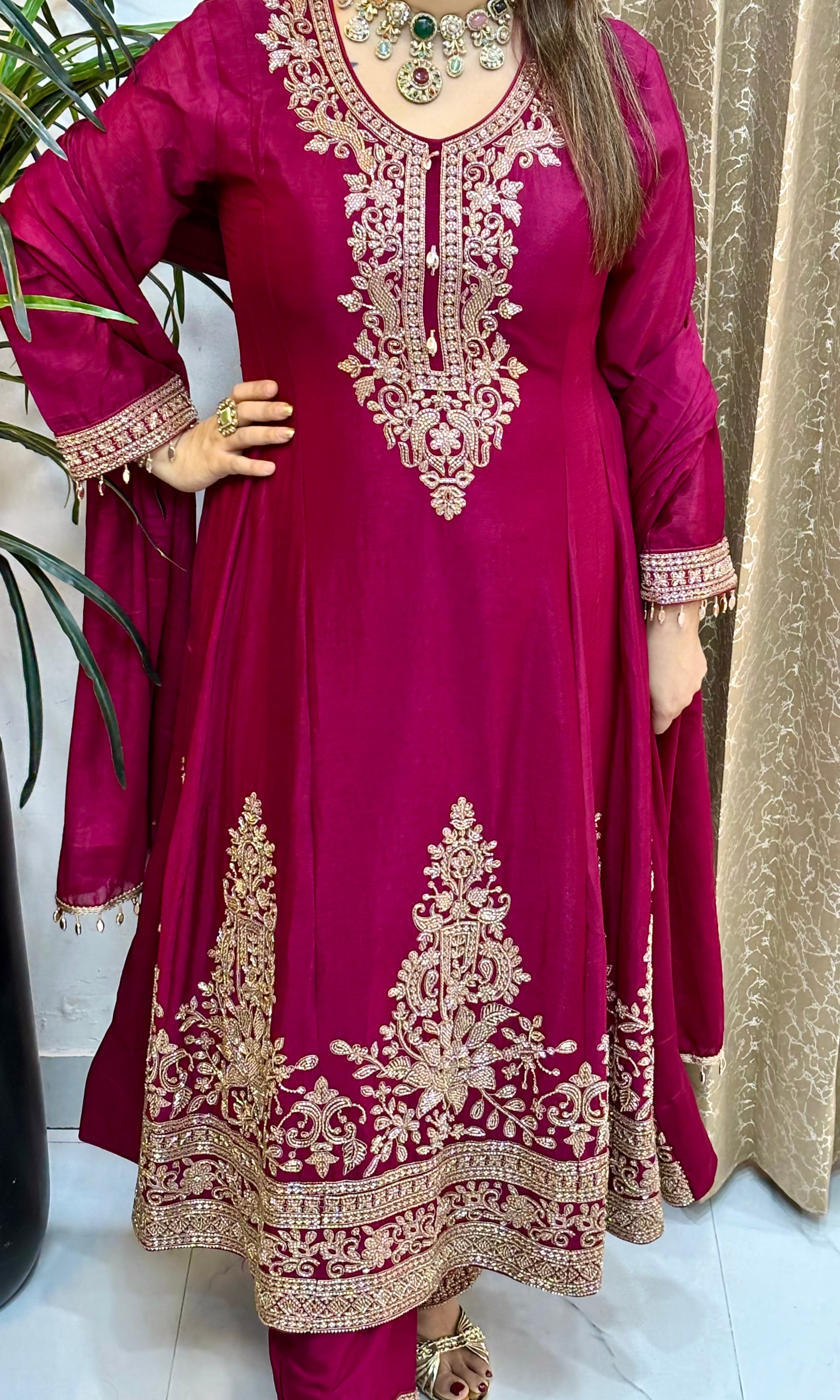 Pure Chinon Heavy Embroidered Anarkali Suit with Sleeve & Dupatta Hangings