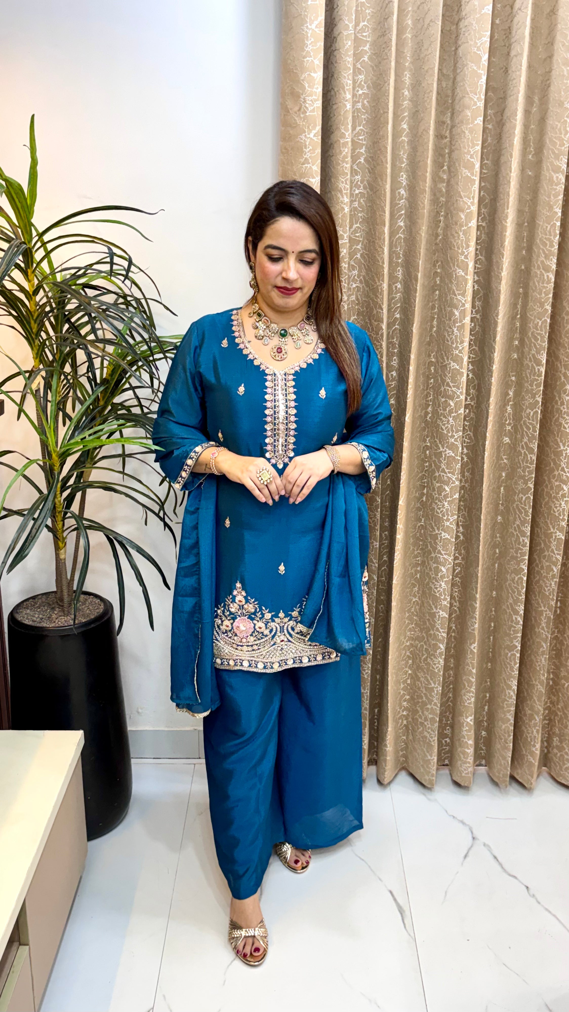 Pure Chinon Suit with Heavy Embroidery, Coordinated Divider & Fully Lined