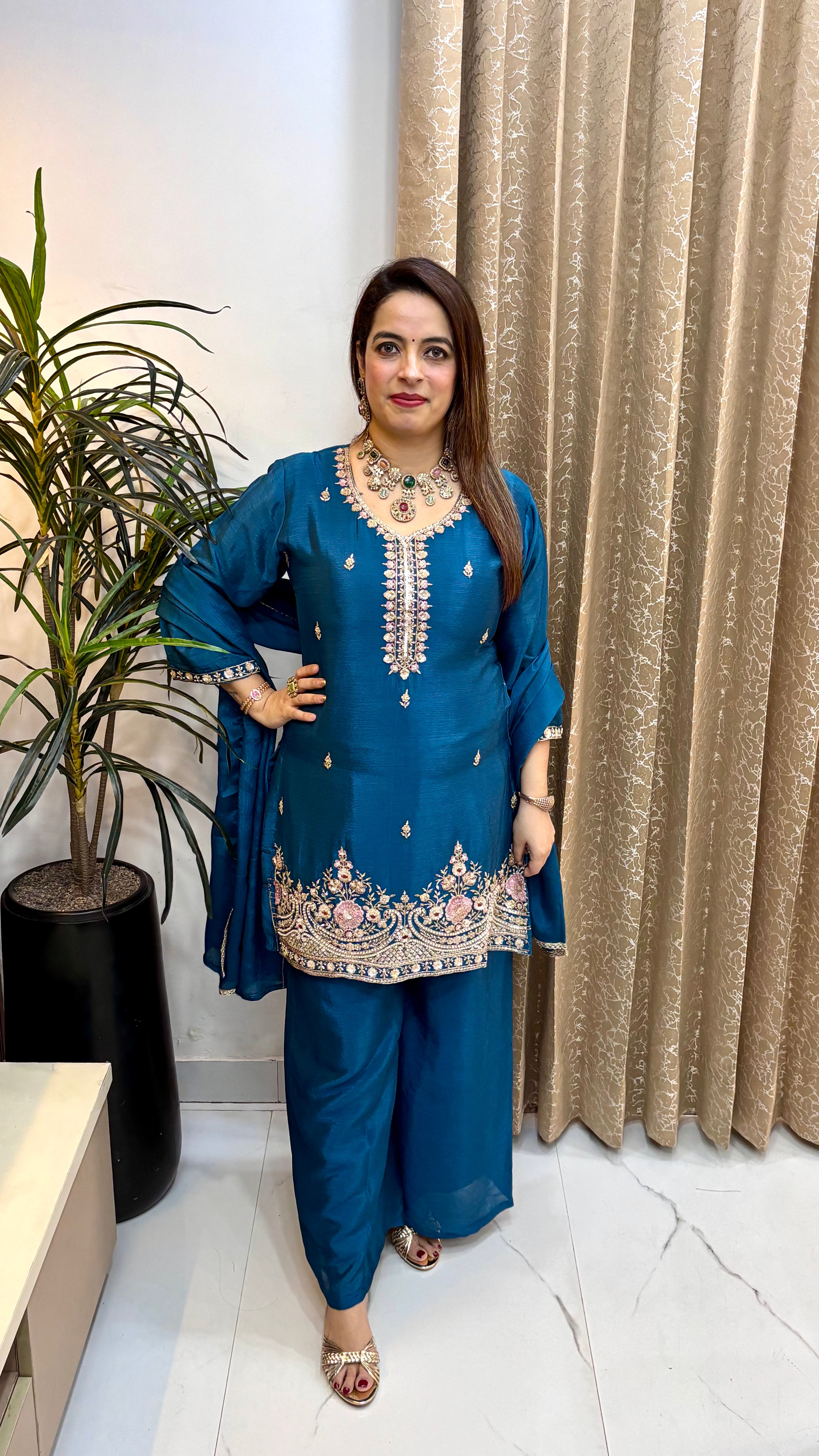 Pure Chinon Suit with Heavy Embroidery, Coordinated Divider & Fully Lined