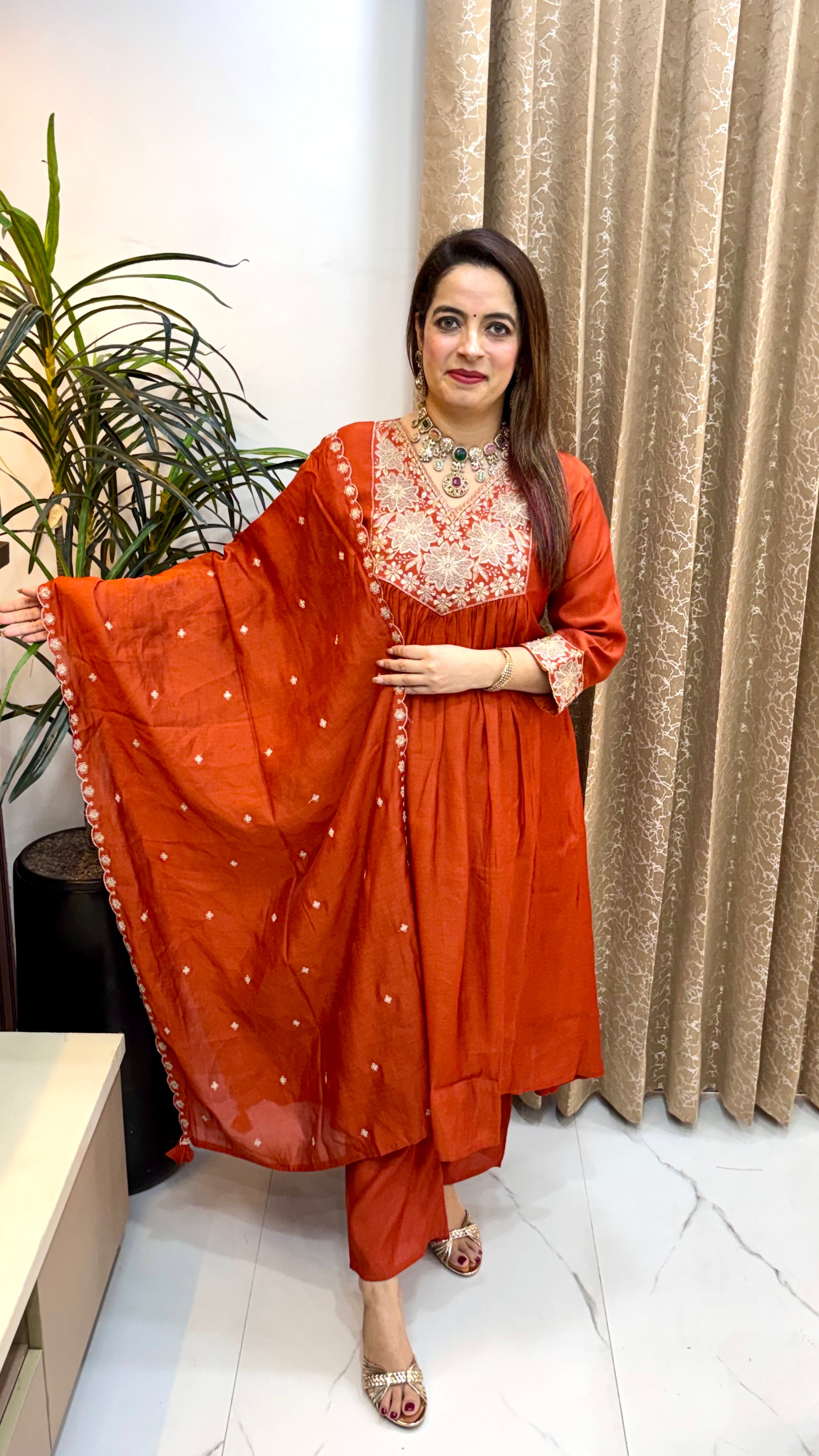 Mul Chanderi Suit with Pintex & Embroidery Neckline, Cutwork Dupatta