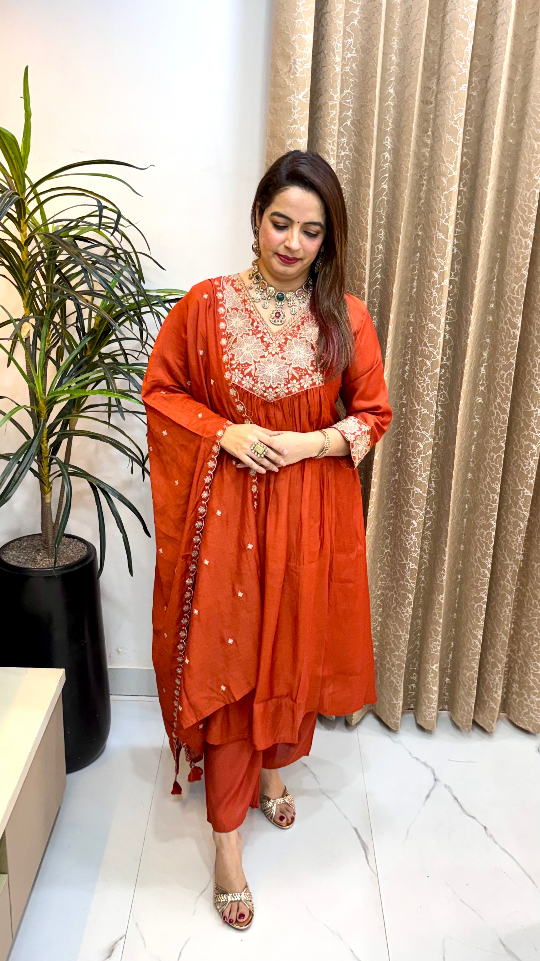 Mul Chanderi Suit with Pintex & Embroidery Neckline, Cutwork Dupatta